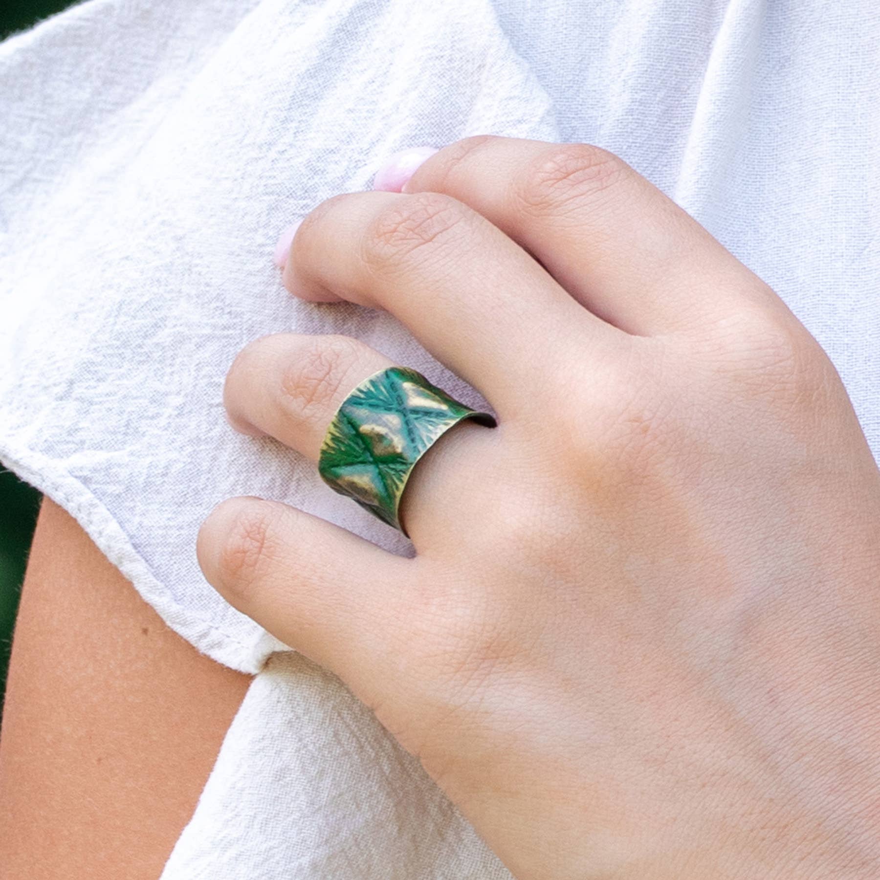 Brass Patina Ring - Brass Diamond on Emerald Green