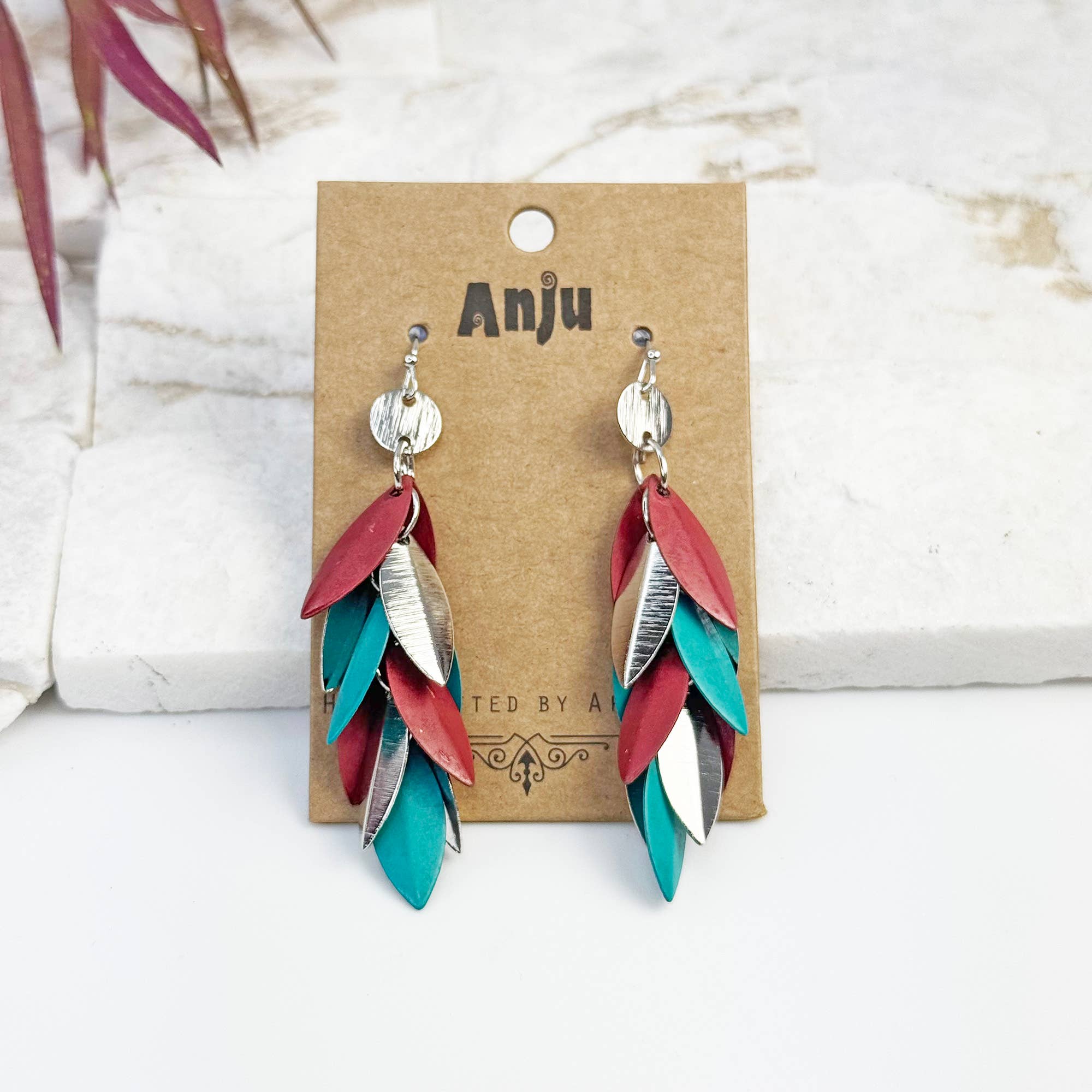Handcrafted Fuchsia & Teal Patina Leaf Dangle Earrings