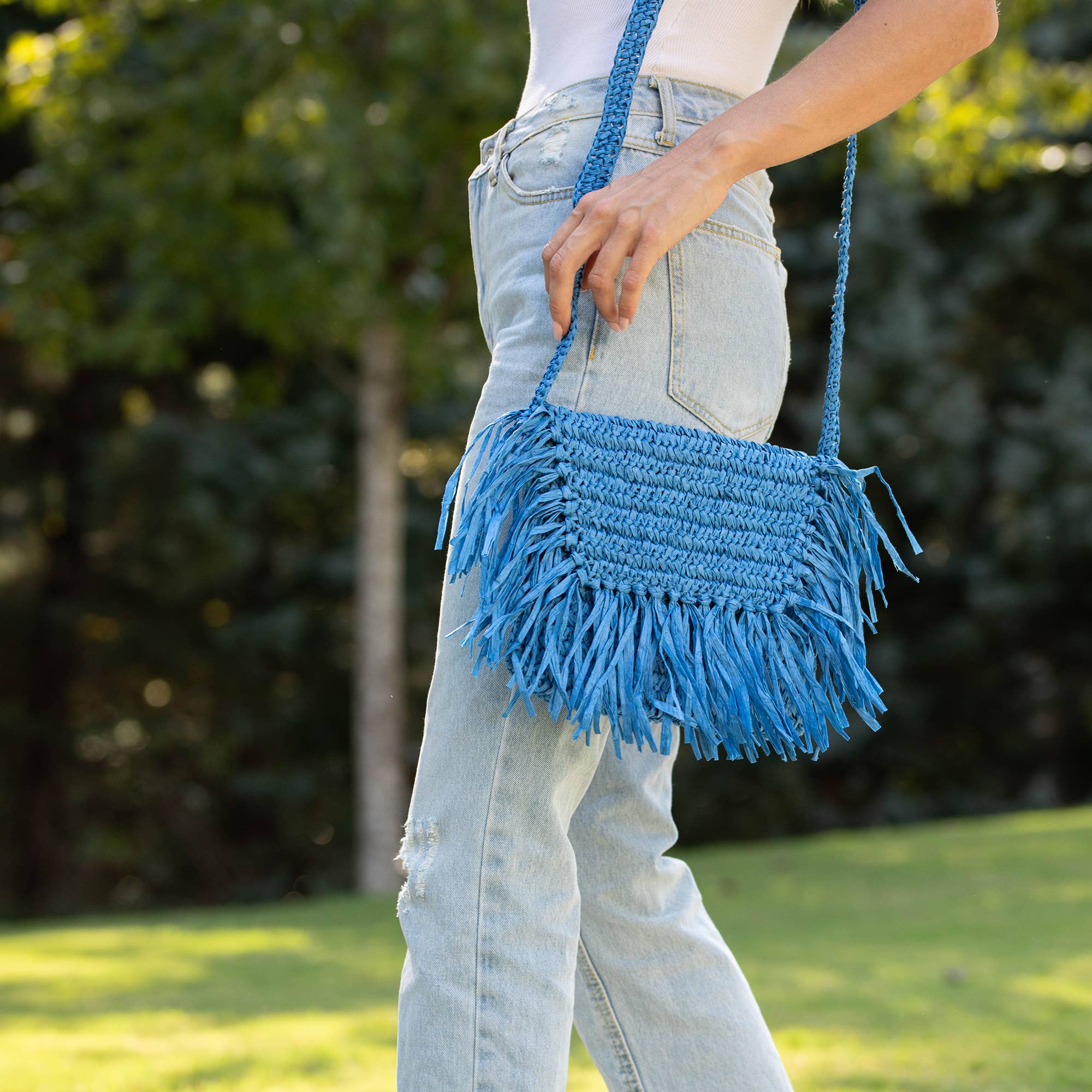 Rhea Bag - Raffia Fringe Envelope Crossbody Bag - Blue