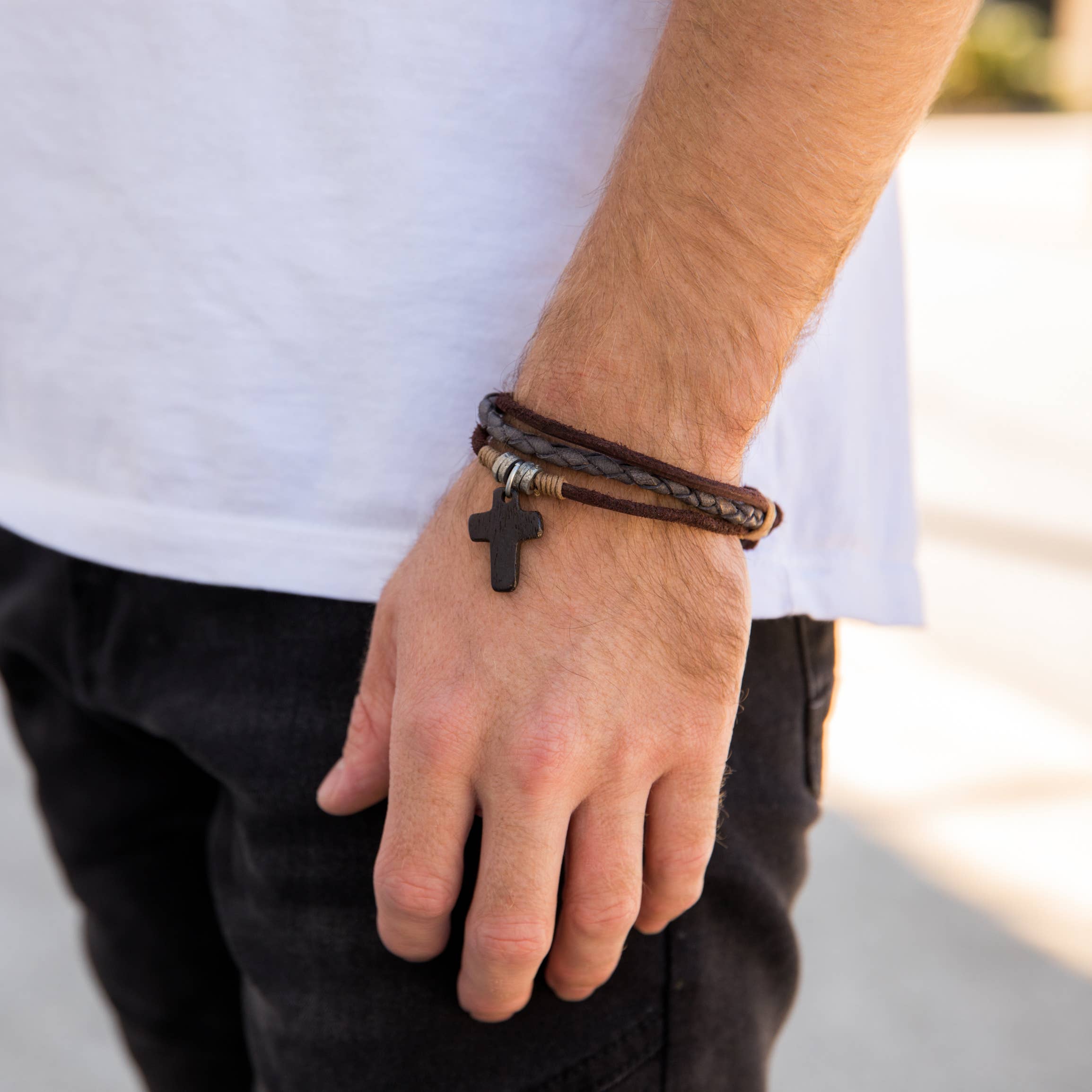 Aadi Brown Wooden Cross and Leather Men's Bracelet