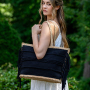 Nora Tote - Jute and Black Cotton Tote with Fringes