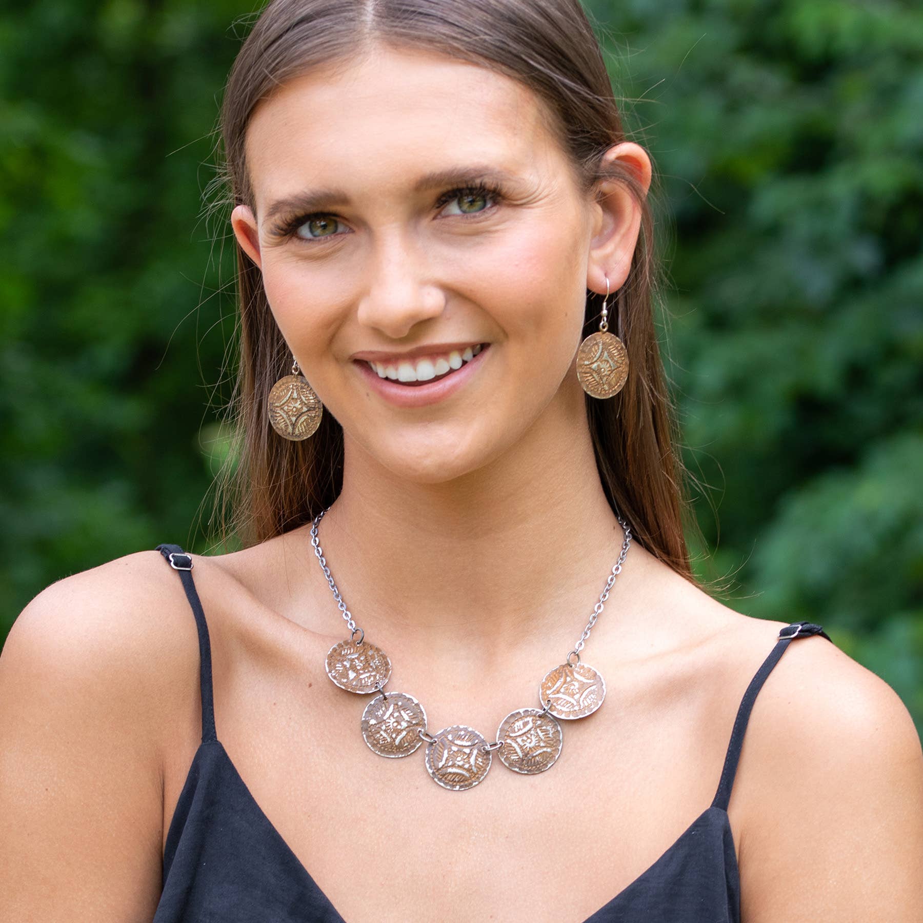 Silver Patina Necklace - Five Brown Medallions