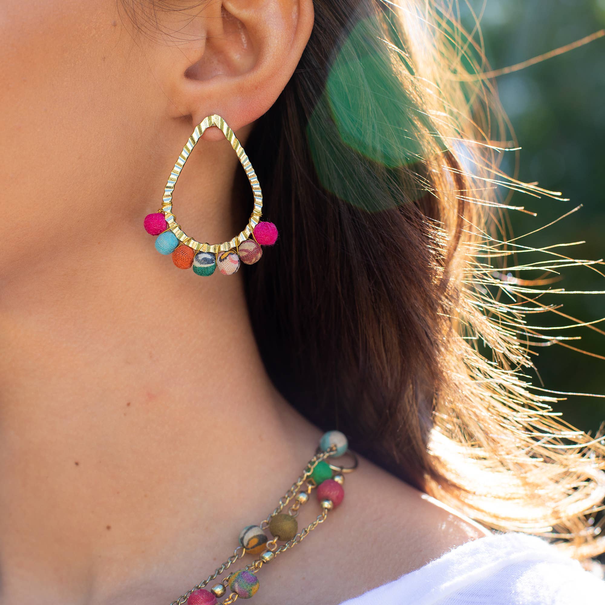 Aasha Hammered Brass Teardrop Post Wrapped Bead Earrings