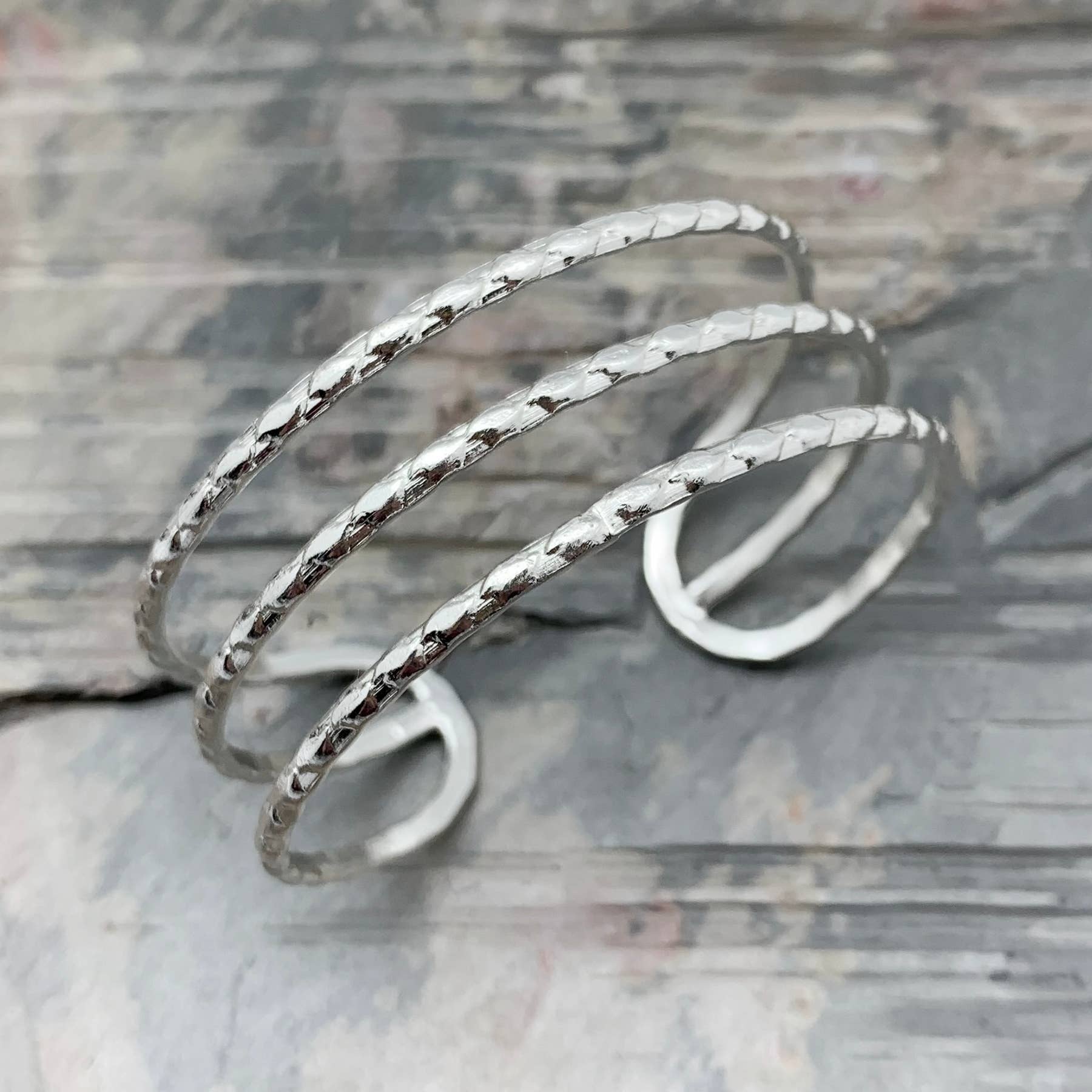 Silver Plated Adjustable Cuff Bracelet - 3 Textured Bands