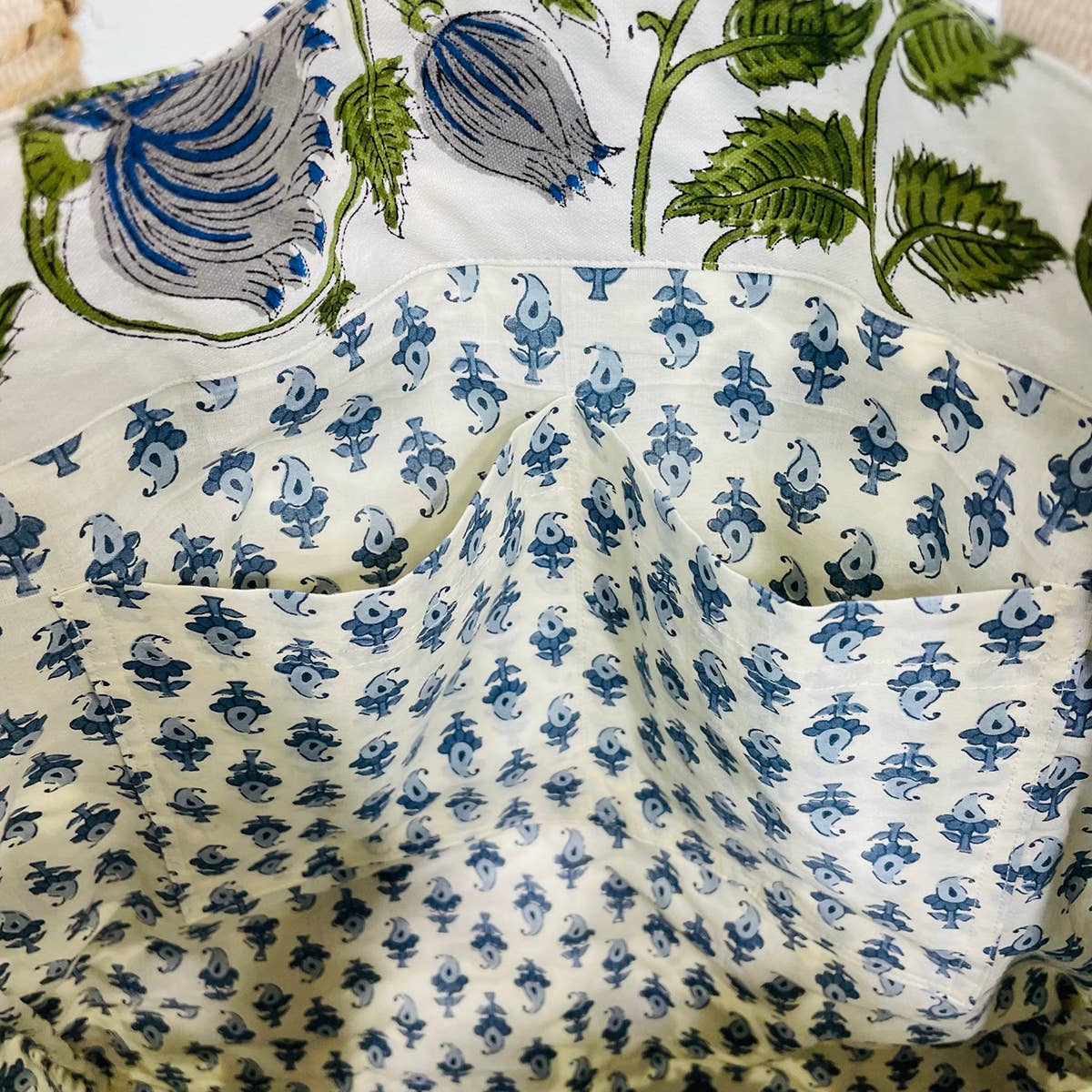 Handcrafted Canvas Bag with Block-Printed Blue Mist