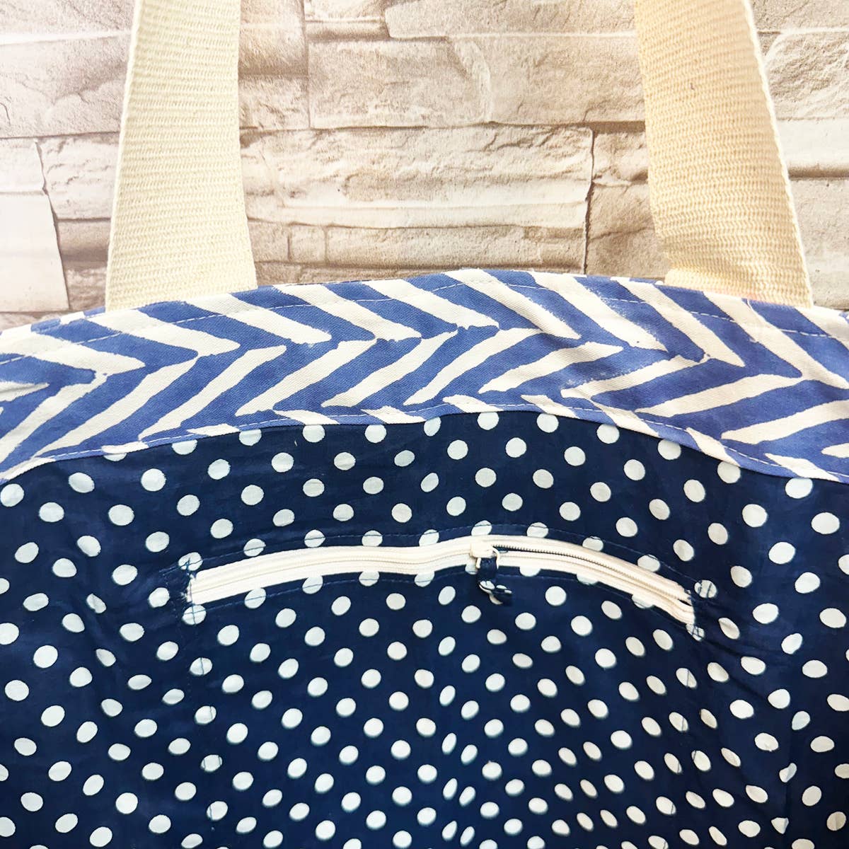 Canvas Bag with Block-Printed Blue and White Zigzag Pattern