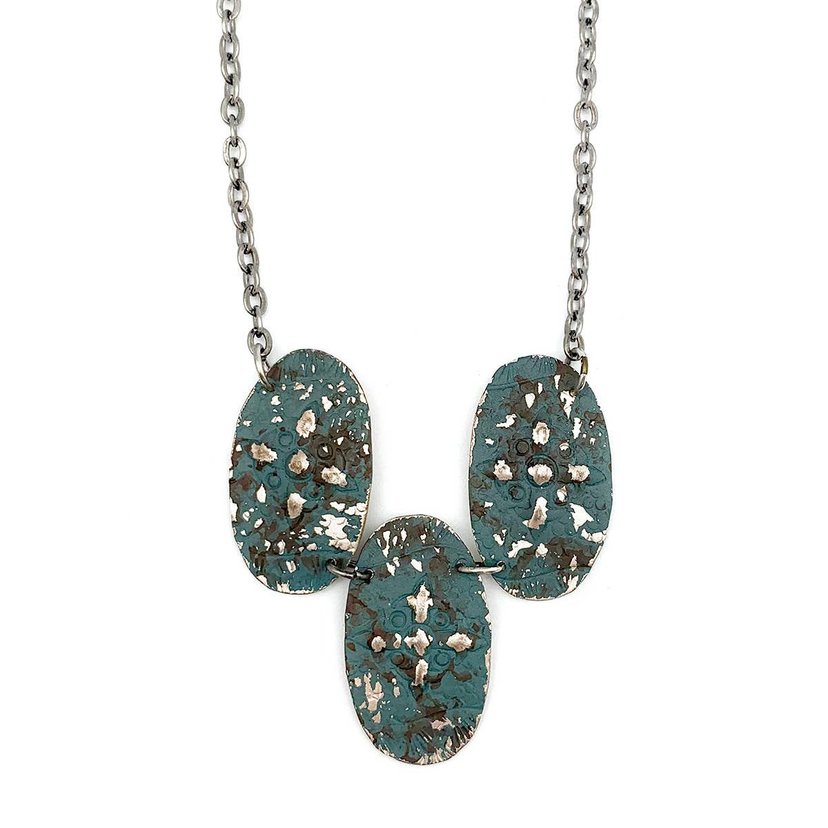 Silver Patina Necklace - Three Teal Ovals
