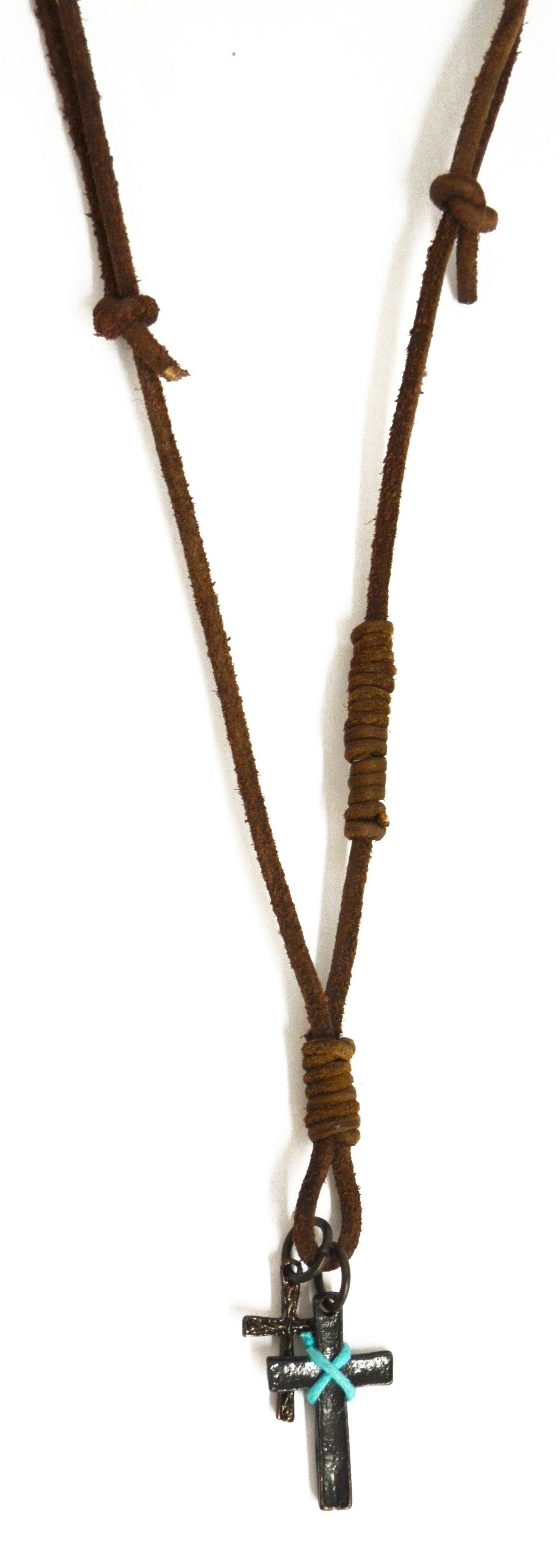 Aadi Double Cross on Brown Leather Men's Necklace