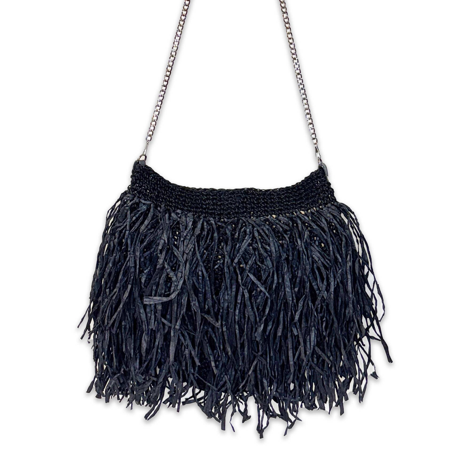 Luau Cross Body Bag - Black Raffia Fringe Bag