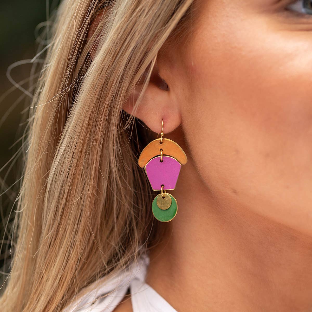 Brass Patina Earrings - Colorblocked Abstract Shapes
