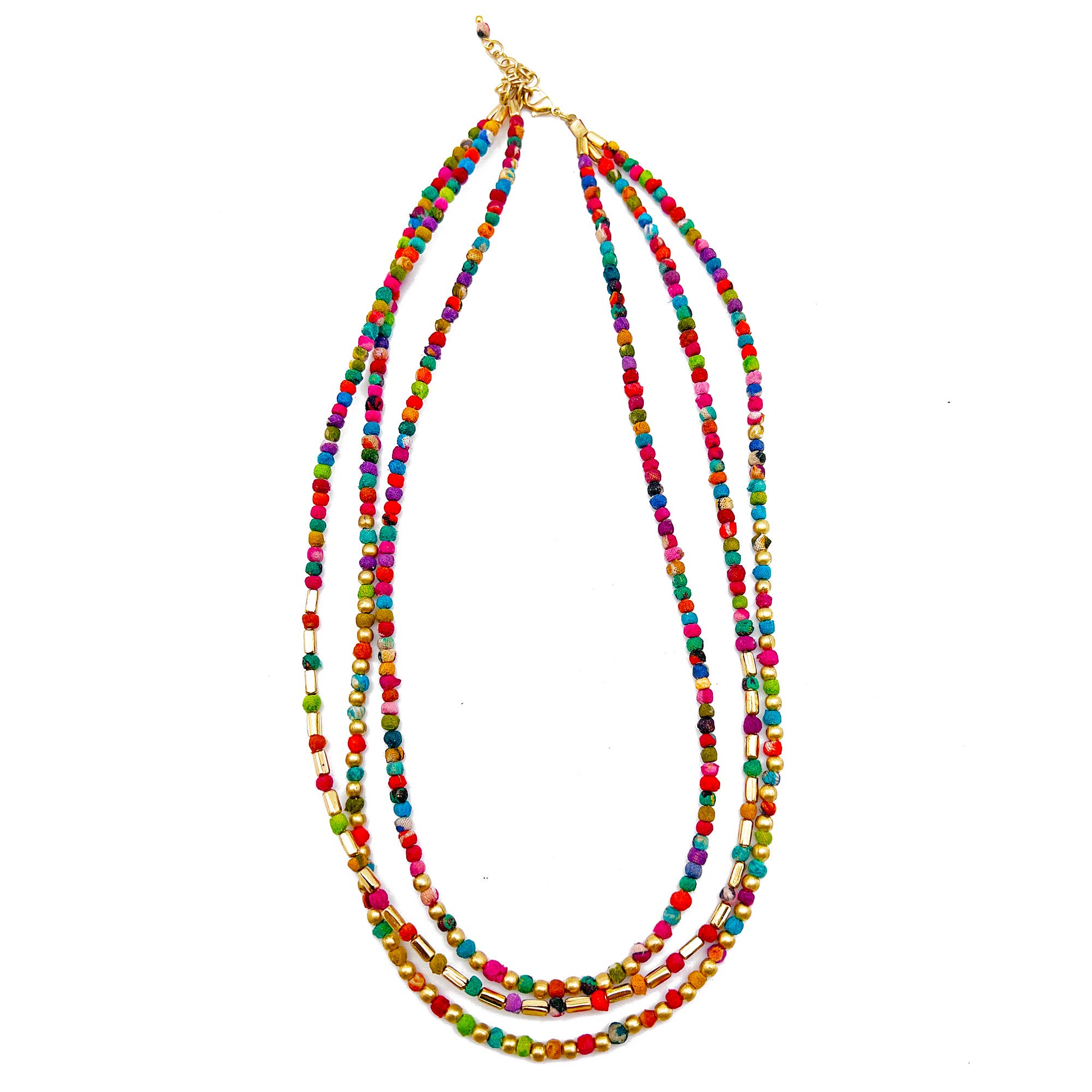 Aasha 3 Layers with Gold Beads Kantha Handcrafted Necklace