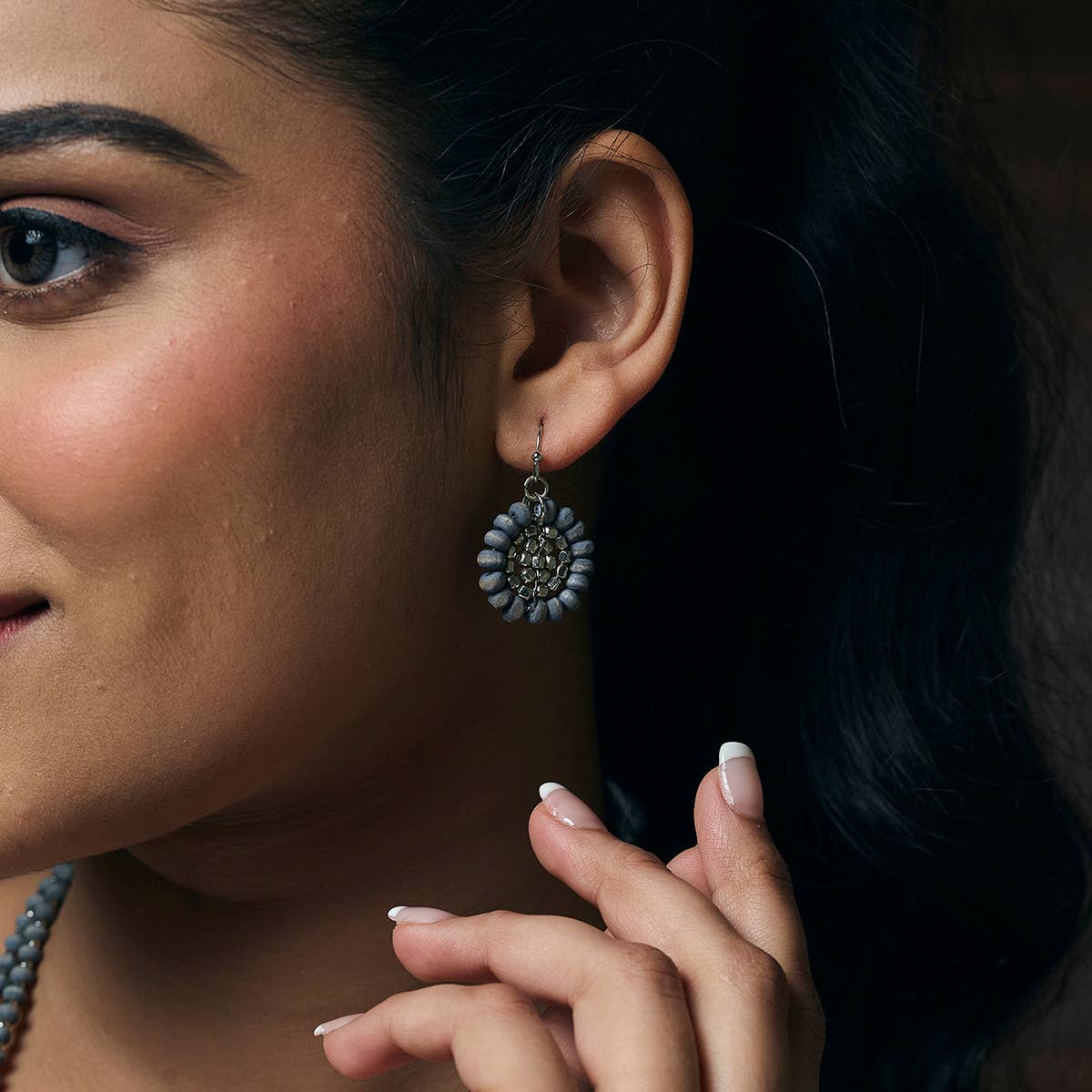 Sachi Wood Bead Flower Earrings - Grey