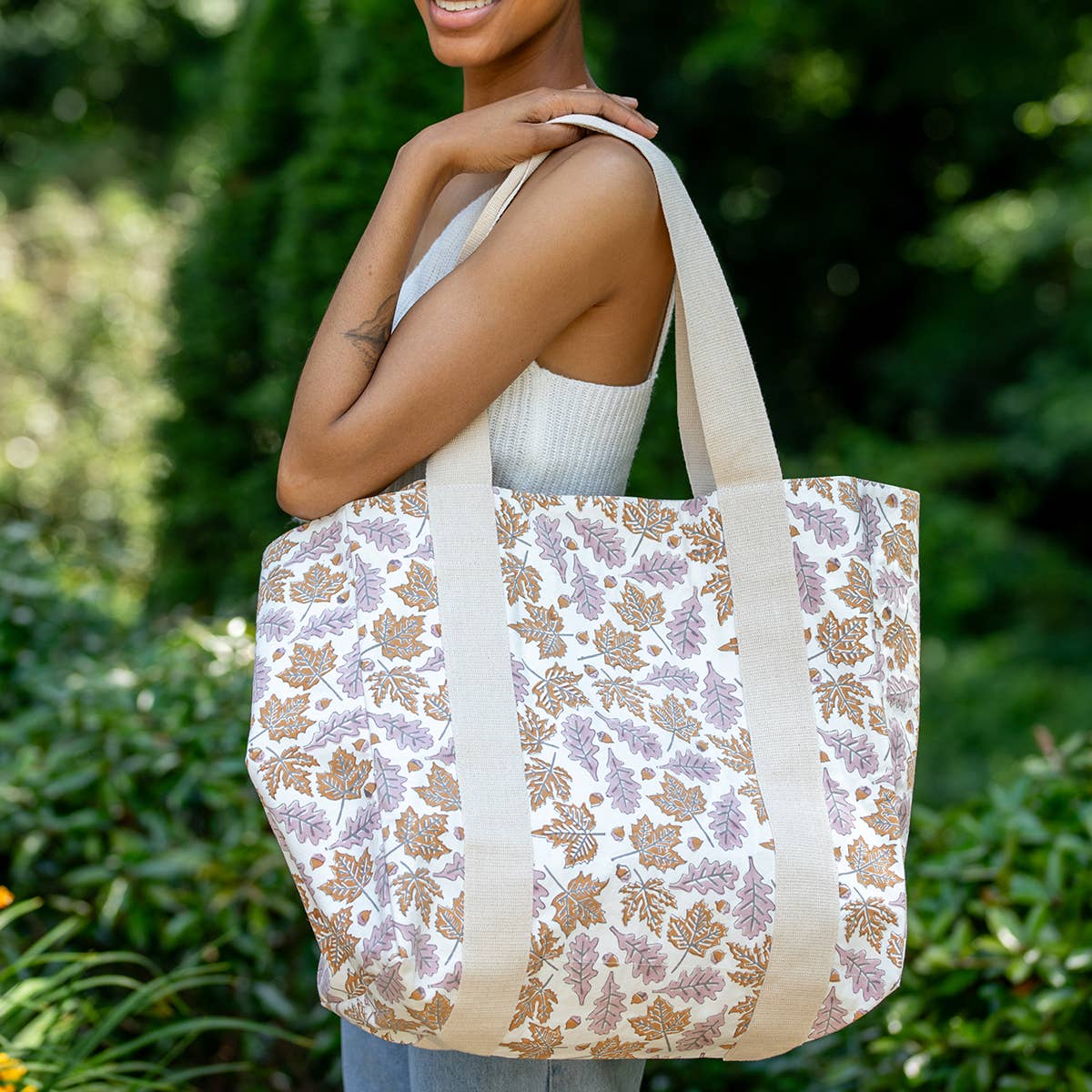 Handcrafted Canvas Bag with Block-Printed Leaves pattern