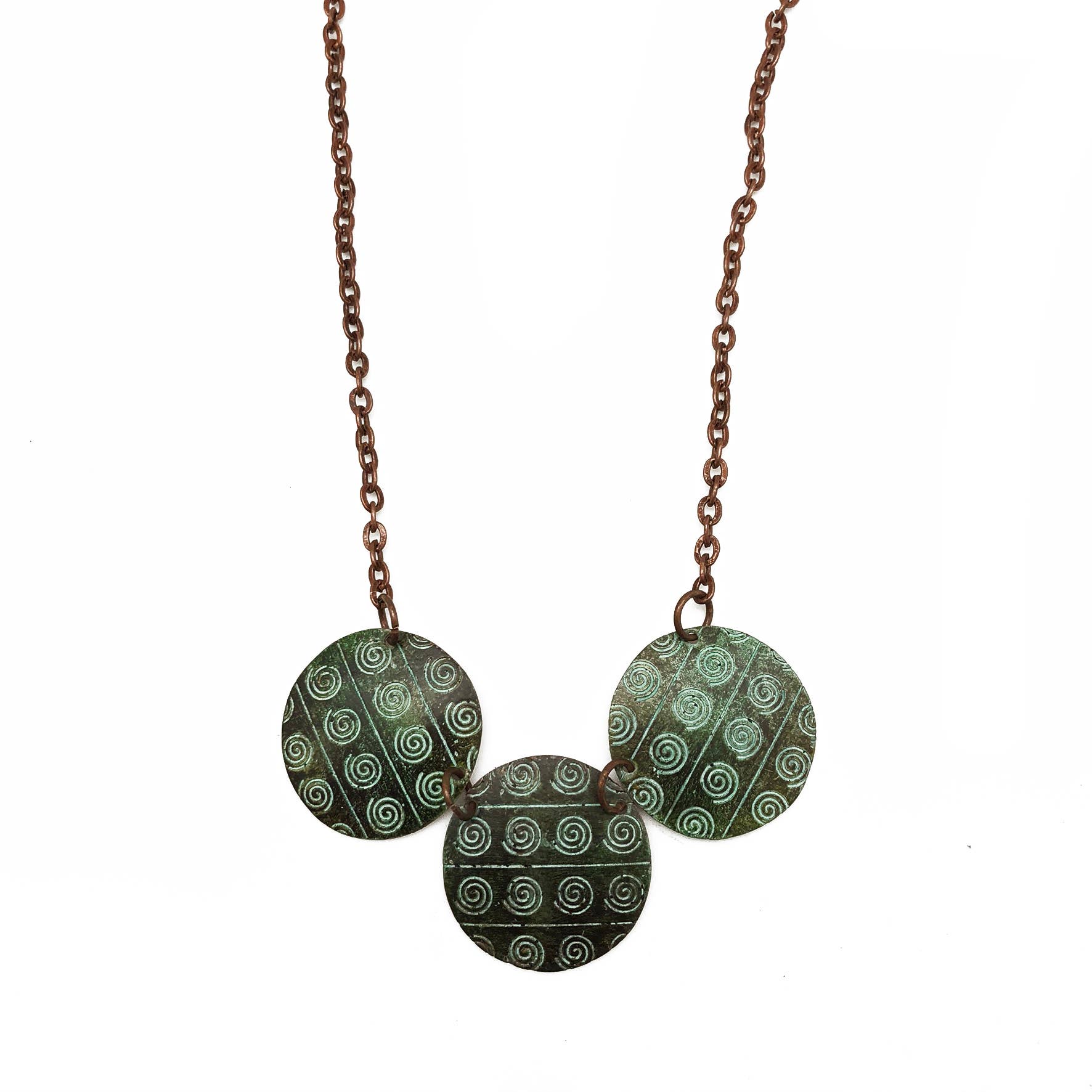 Copper Patina Necklace - Striped Spirals