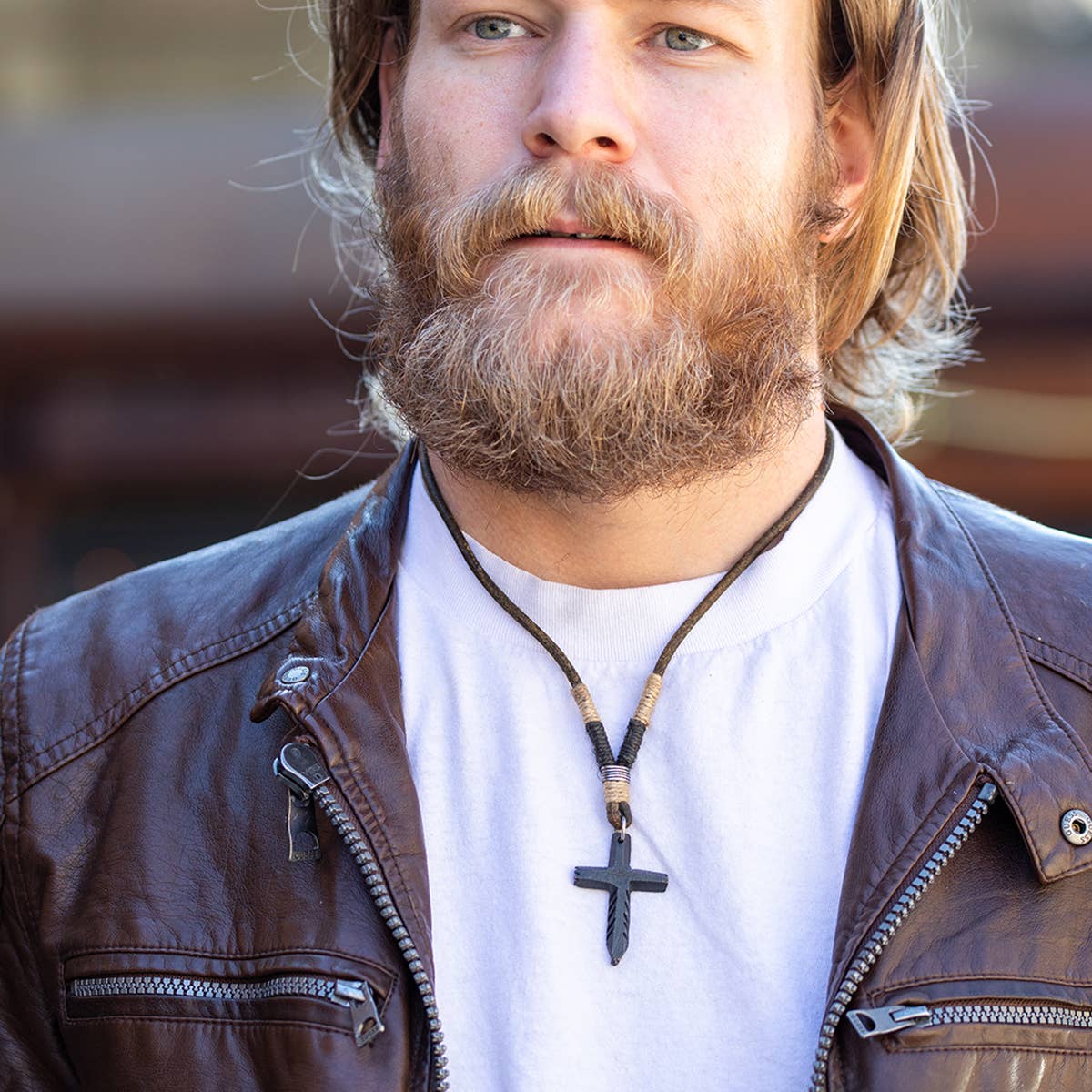 Aadi Pewter Pointed Cross Twine and Leather Men's Necklace