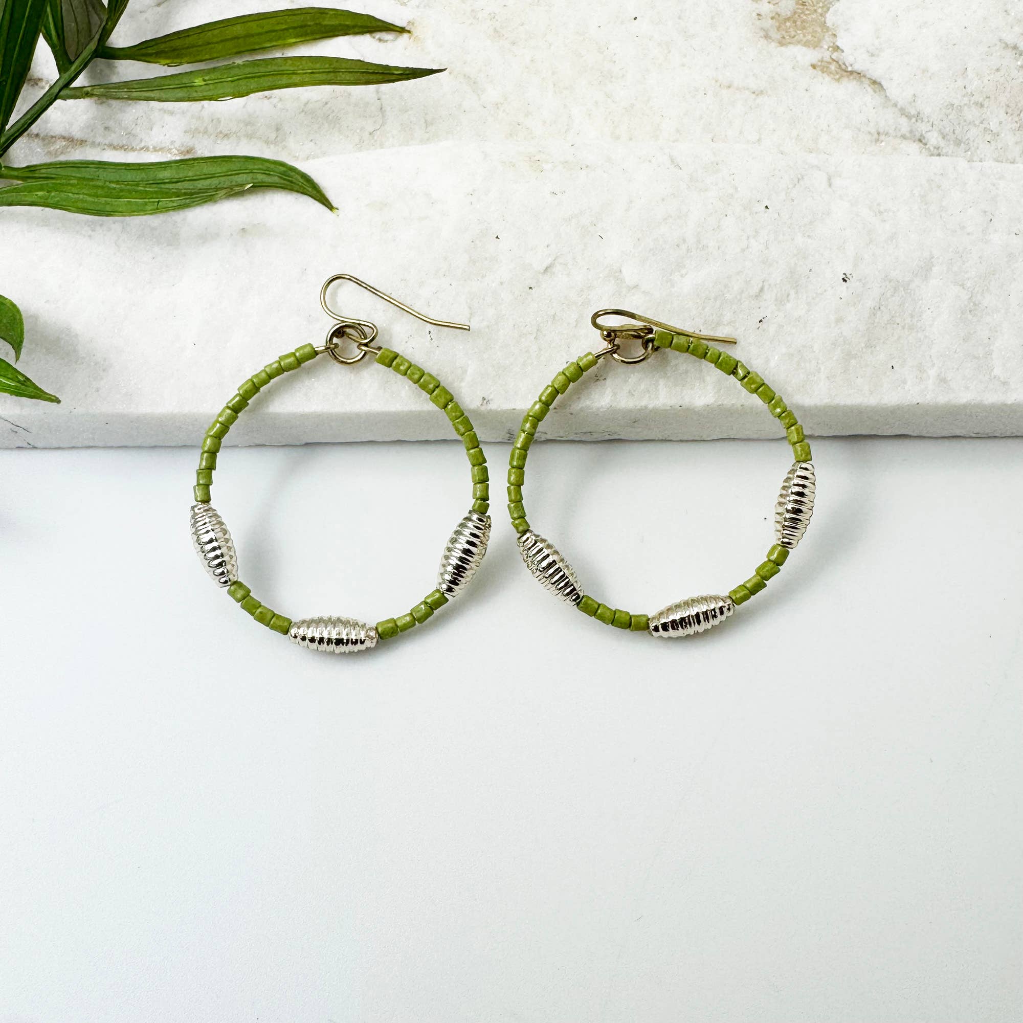 Seed Bead Hoop Earrings - Olive Green