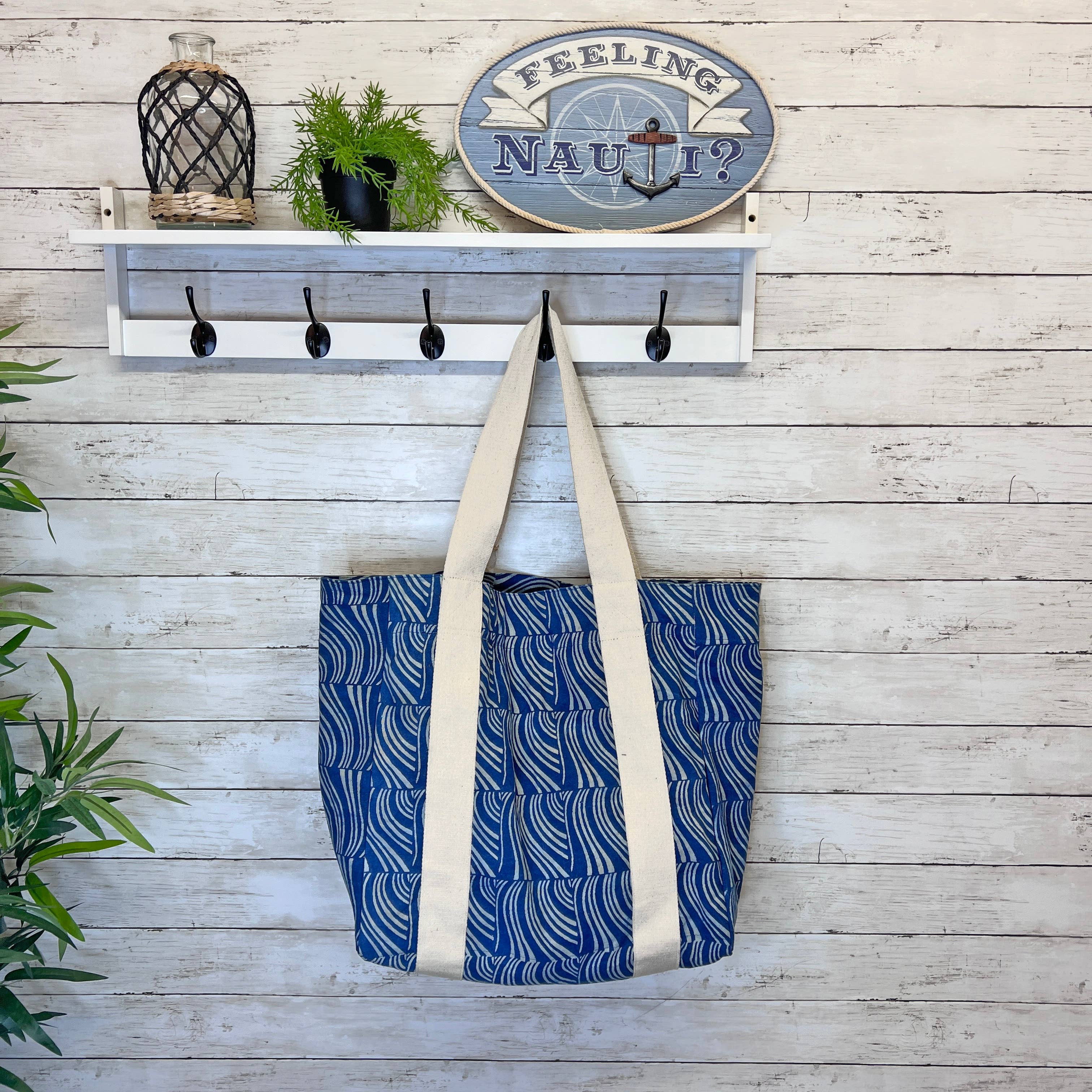 Handcrafted Canvas Bag with Block-Printed Ocean Waves