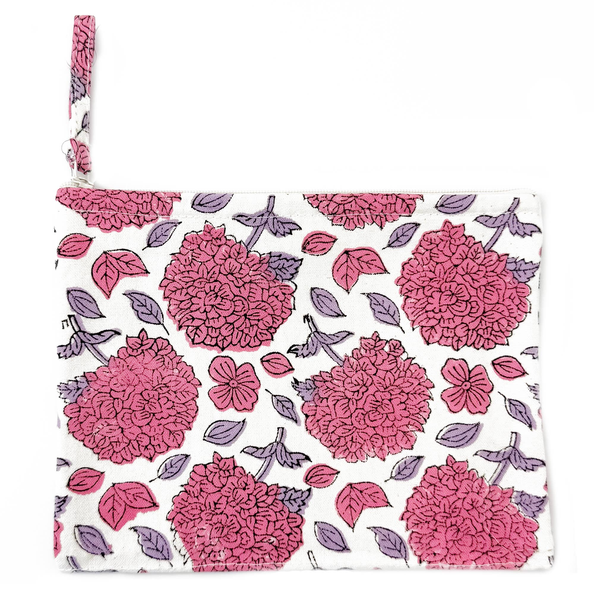 Handcrafted Canvas Pouch with Block-Printed Hydrangeas