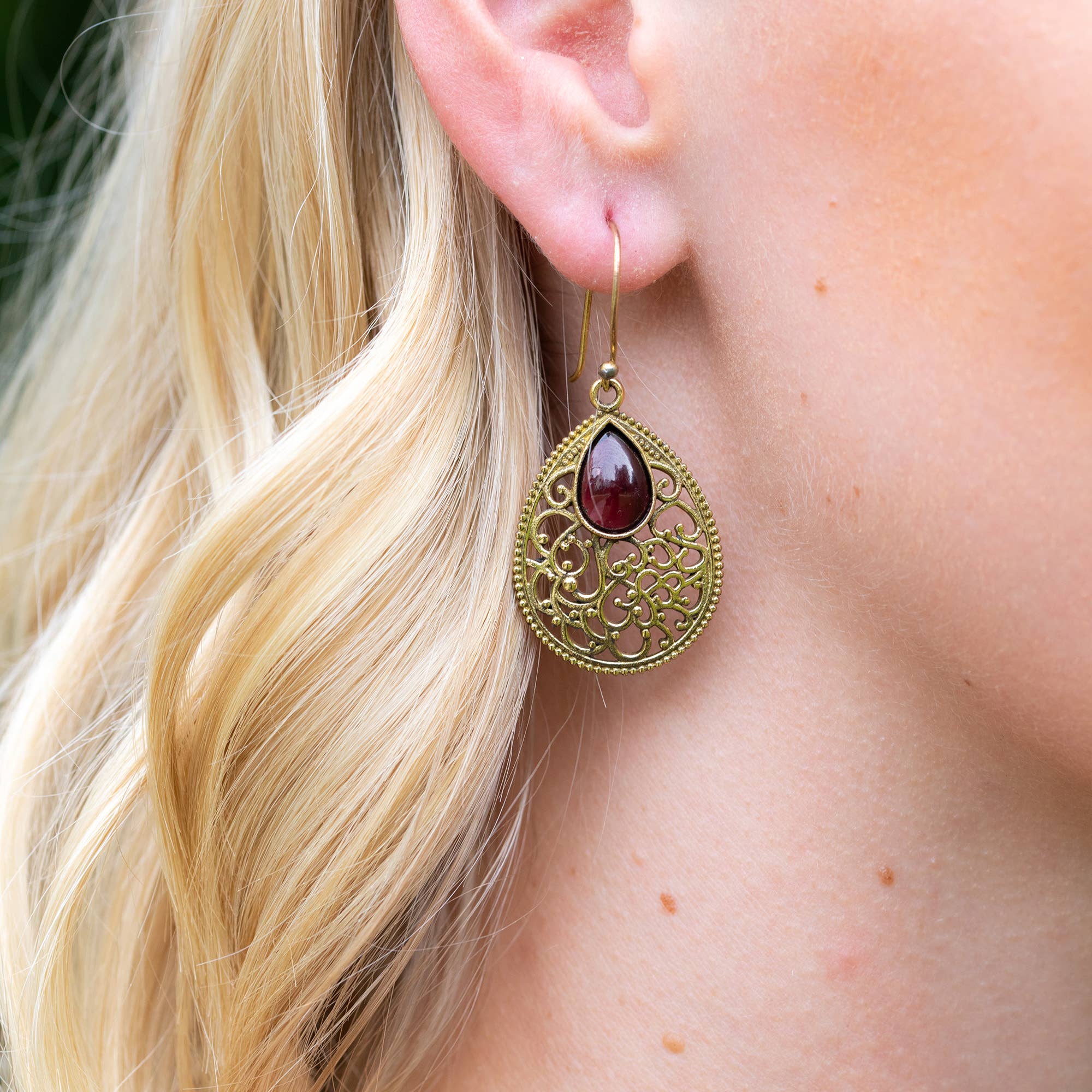 Tanvi Gold-Plated and Garnet Earrings - Filigree Teardrop