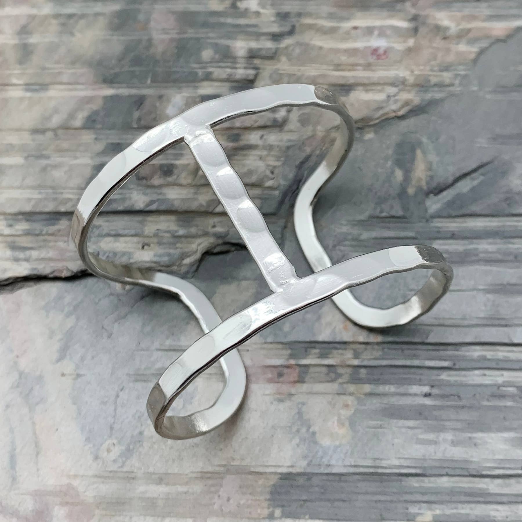 Silver Plated Adjustable Cuff Bracelet - Geometric Wide Cuff