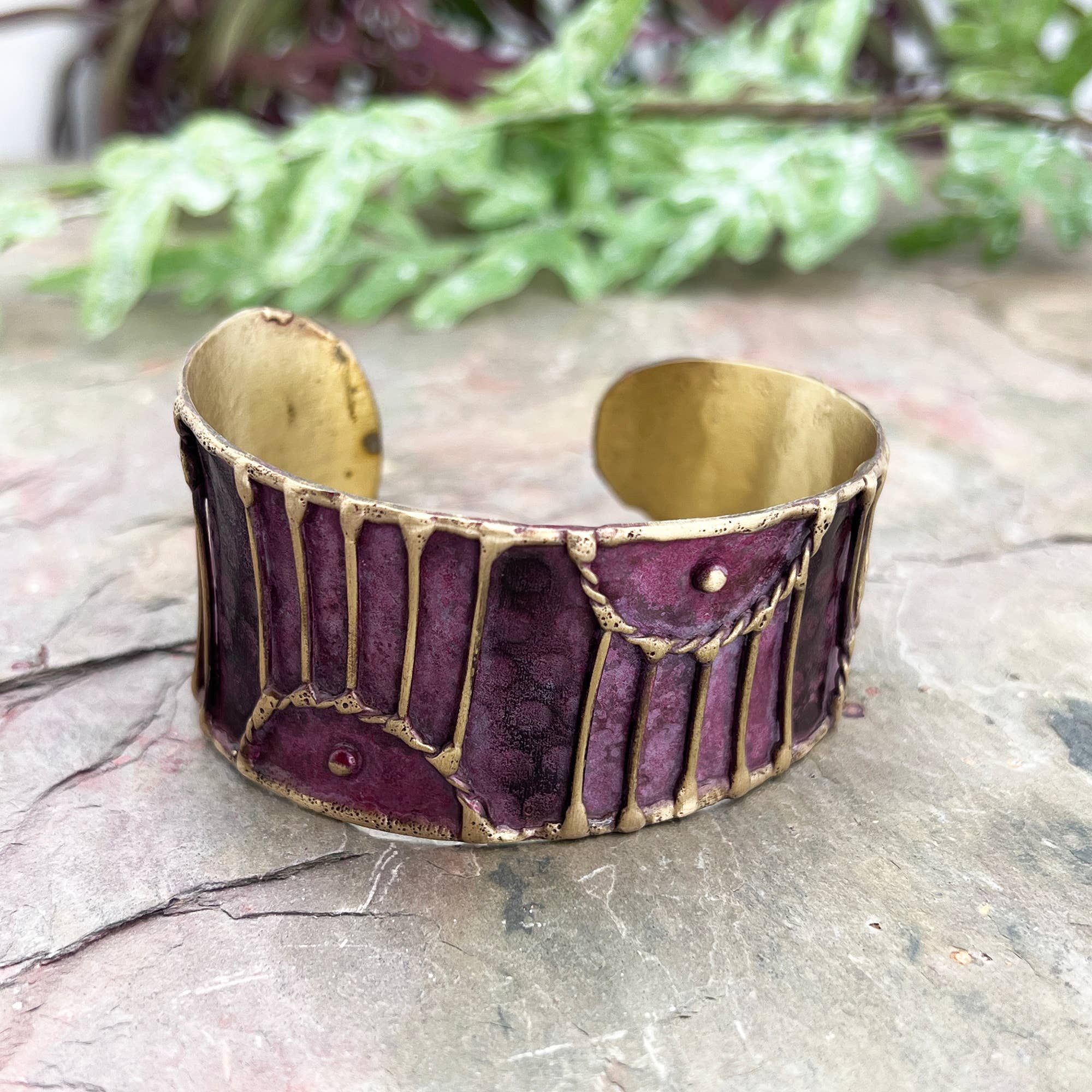 Brass Patina Cuff Bracelet - Plum Arched Lines