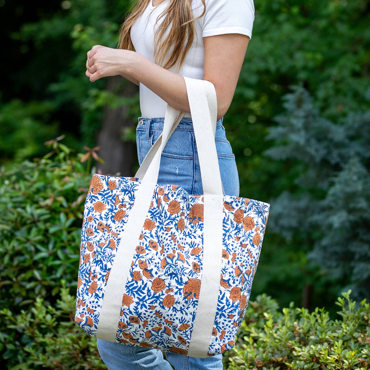Handcrafted Canvas Bag with Block-Printed Marigold Wonders