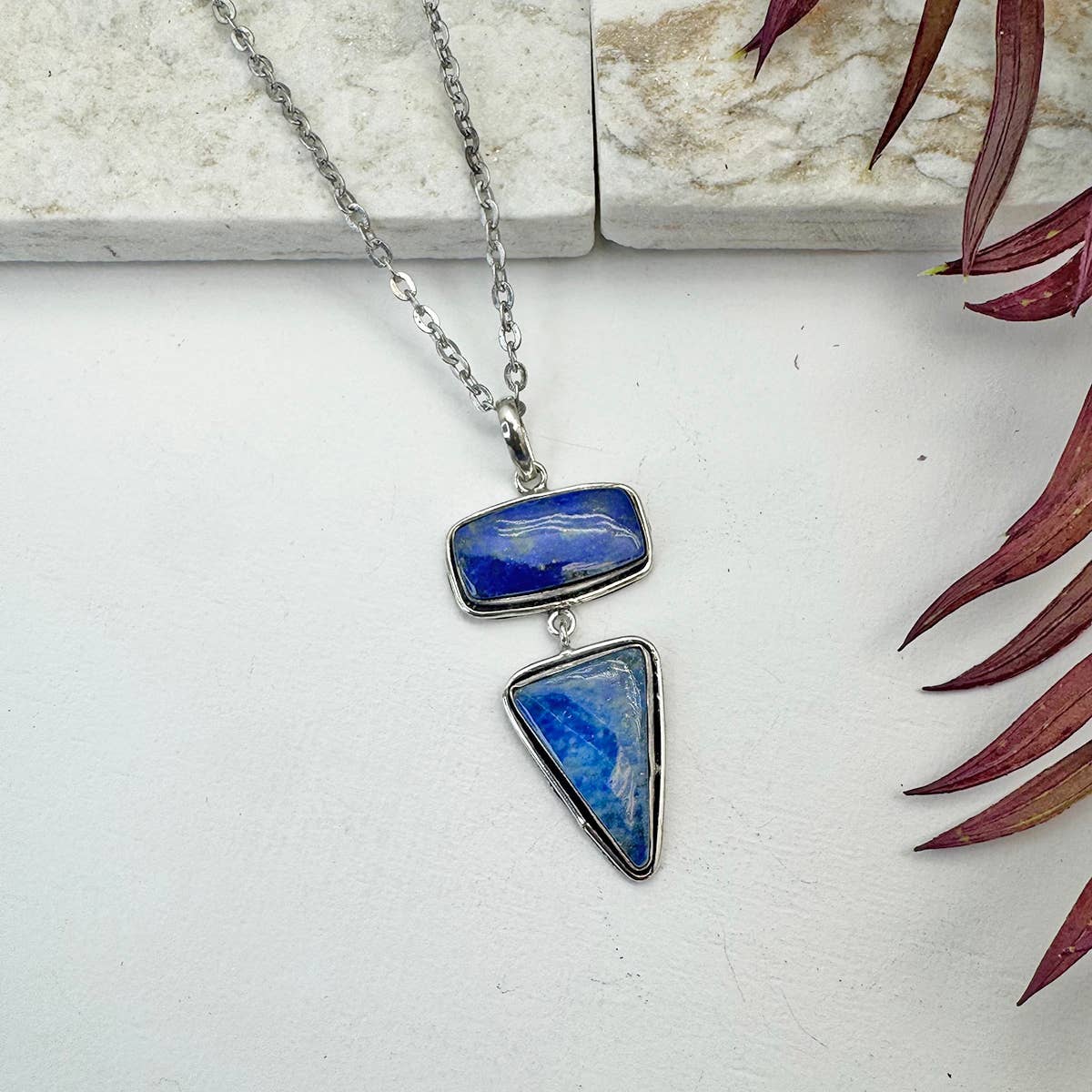 Handcrafted Semiprecious Stone Pendant Necklace -Lapis