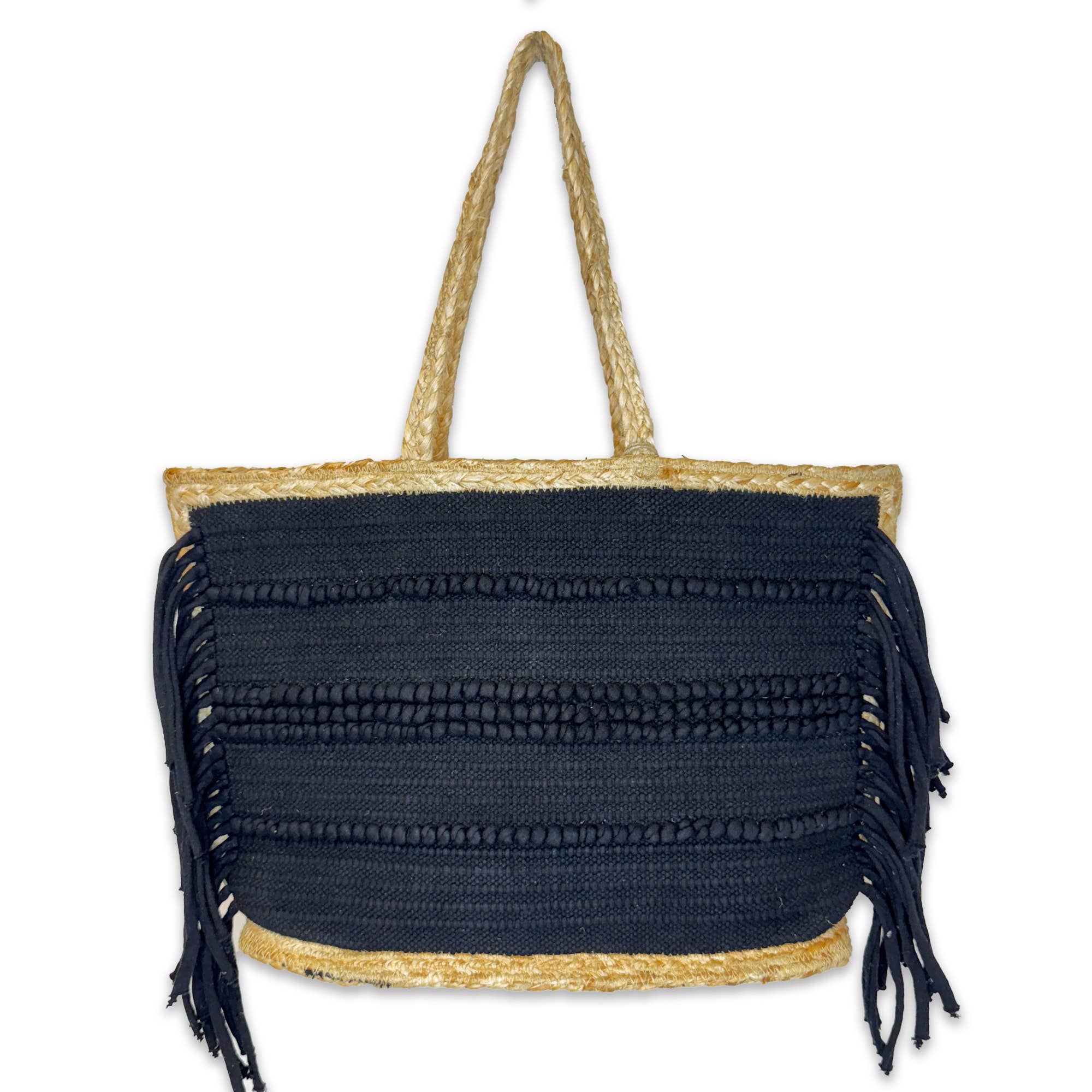 Nora Tote - Jute and Black Cotton Tote with Fringes