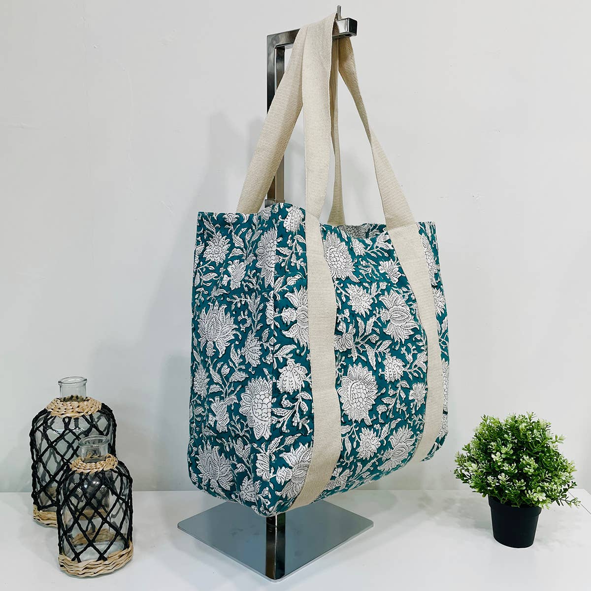 Handcrafted Canvas Bag with Block-Printed Verdant Bloom