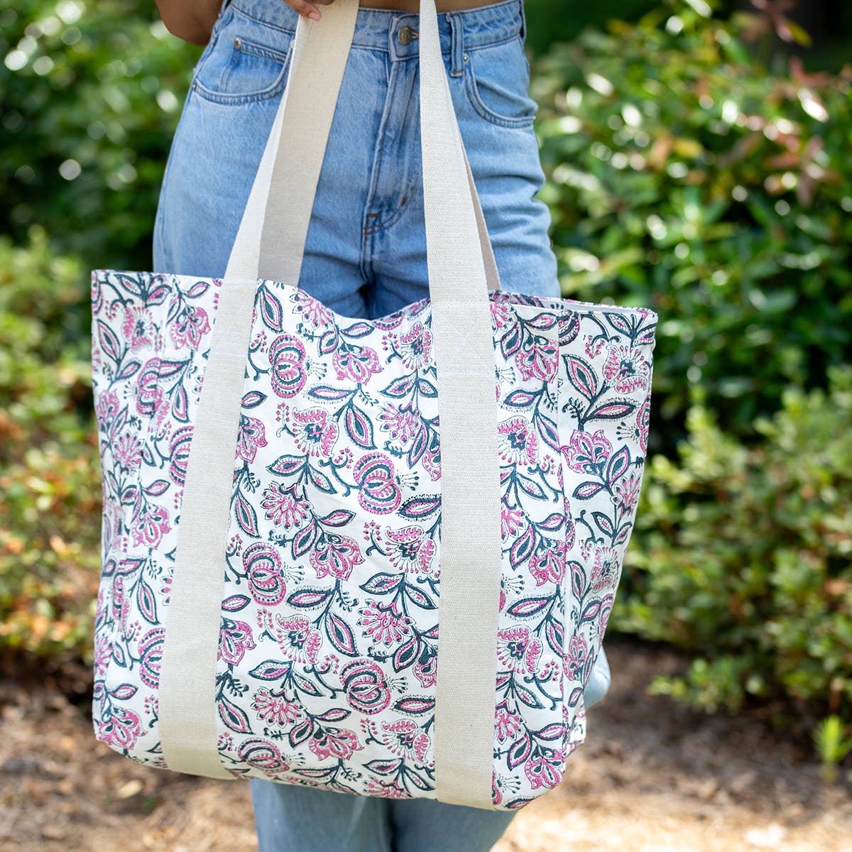 Handcrafted Canvas Bag with Block-Printed Blossoms in Violet