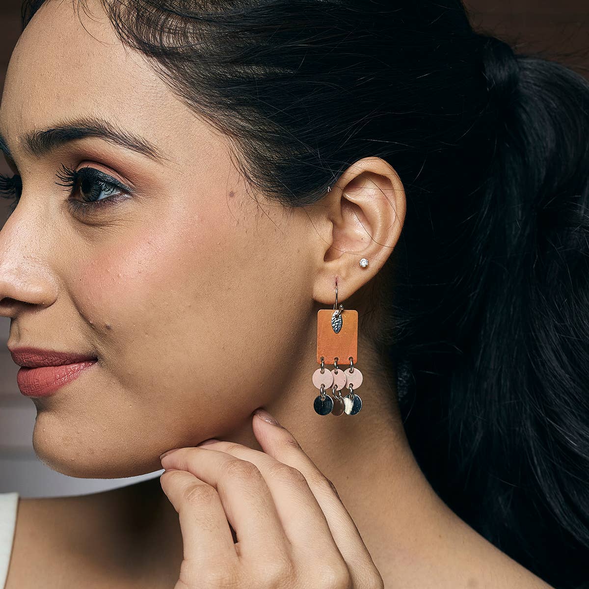 Handcrafted Orange & Pink Patina Rectangle Dangle Earrings