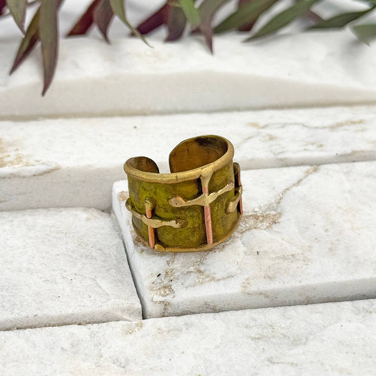 Handcrafted Olive Green Three Crosses Brass Patina Ring