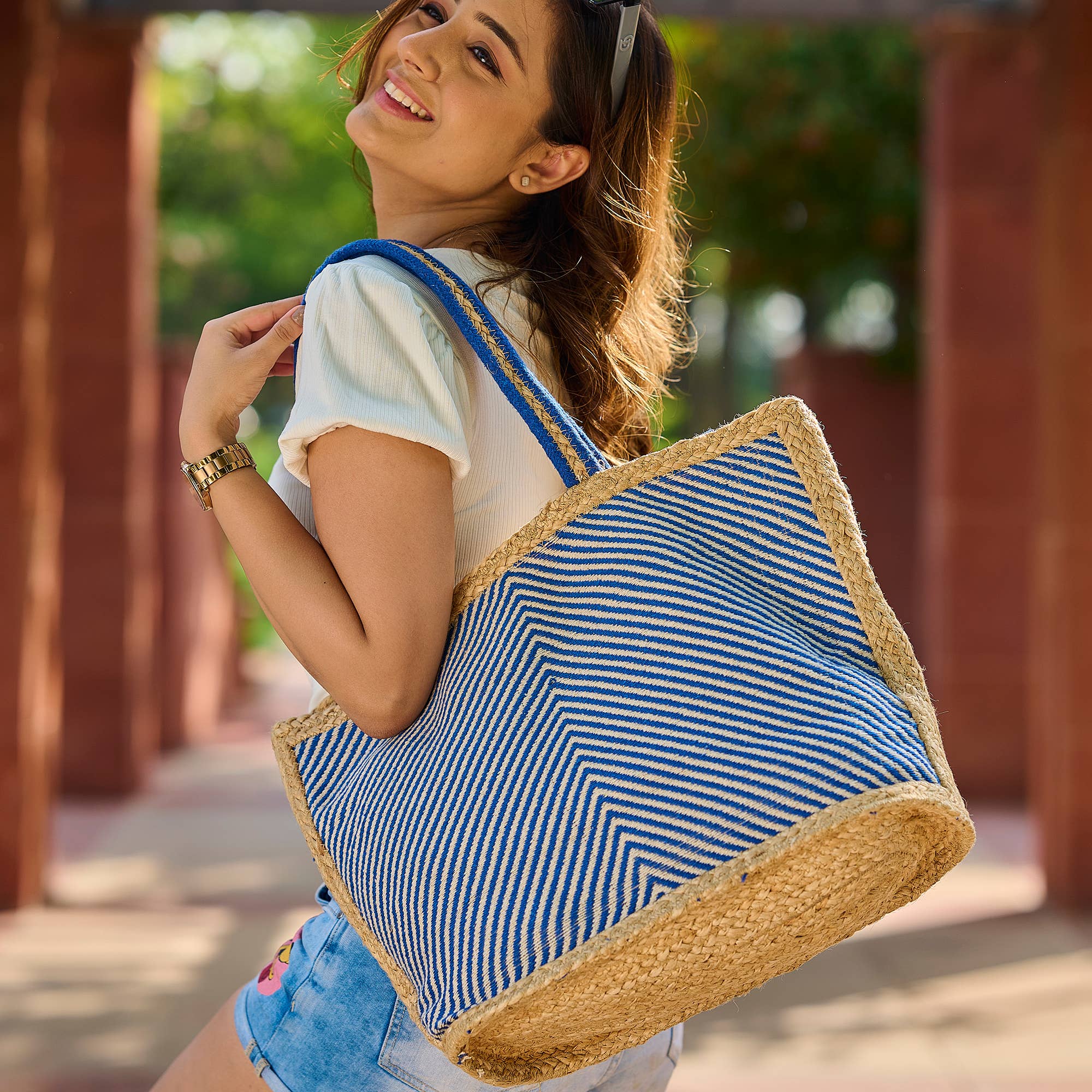 Anna Tote - Jute Tote with Denim Pattern