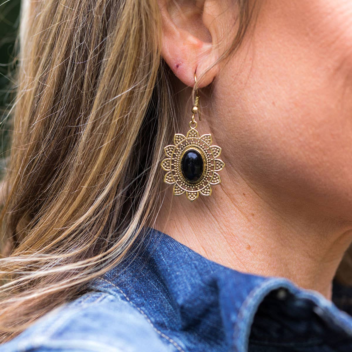 Tanvi Collection Earrings - Gold Sun with Black Onyx