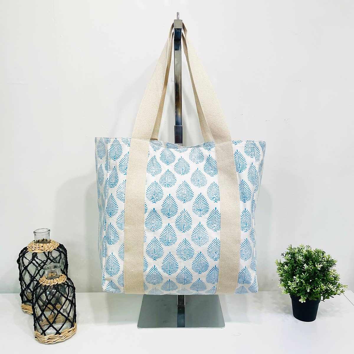 Handcrafted Canvas Bag with Block-Printed Sky Blue Leaves