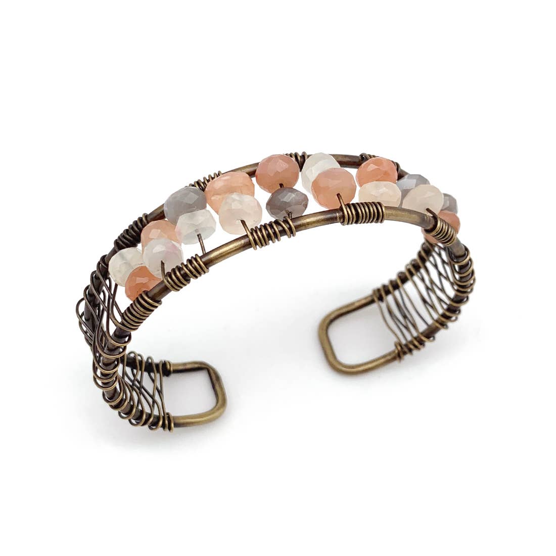 Wire-Wrapped Stone Cuff - Antique Brass with Quartz