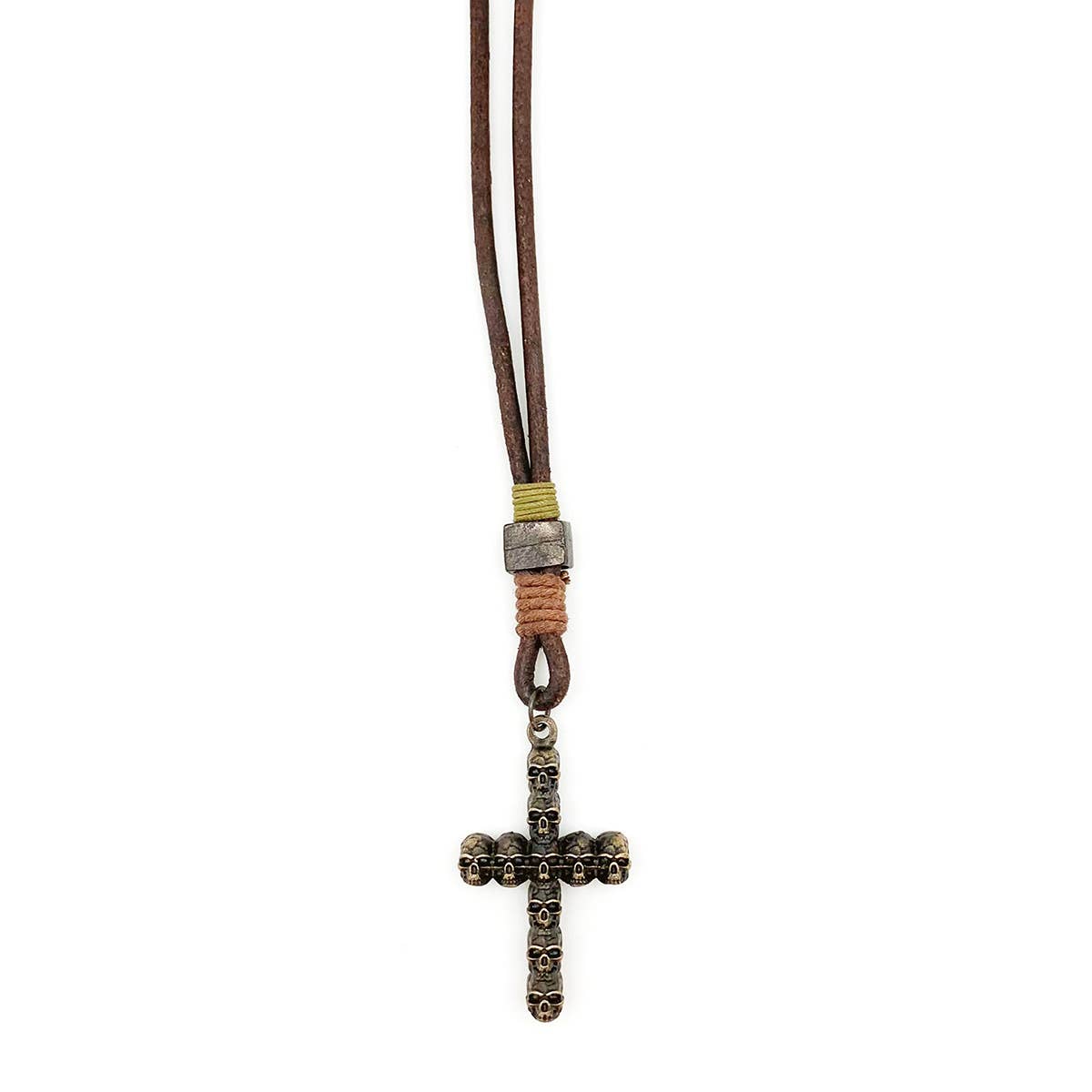 Aadi Brass Cross of Skulls Brown Leather Men's Necklace