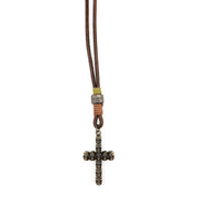 Aadi Brass Cross of Skulls Brown Leather Men's Necklace