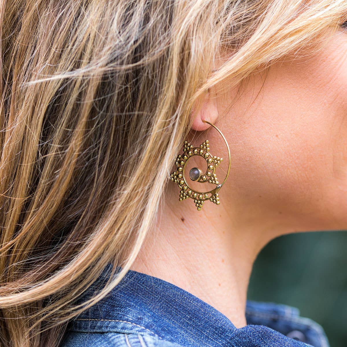 Tanvi Collection Earrings - Labradorite Gold Geo Open Hoop