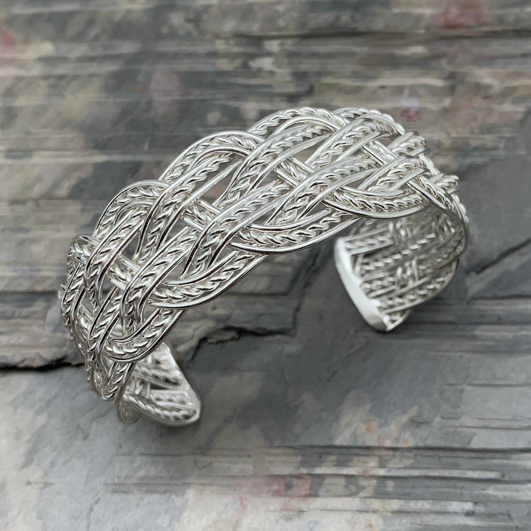 Silver Plated Adjustable Cuff Bracelet - Braided Chain