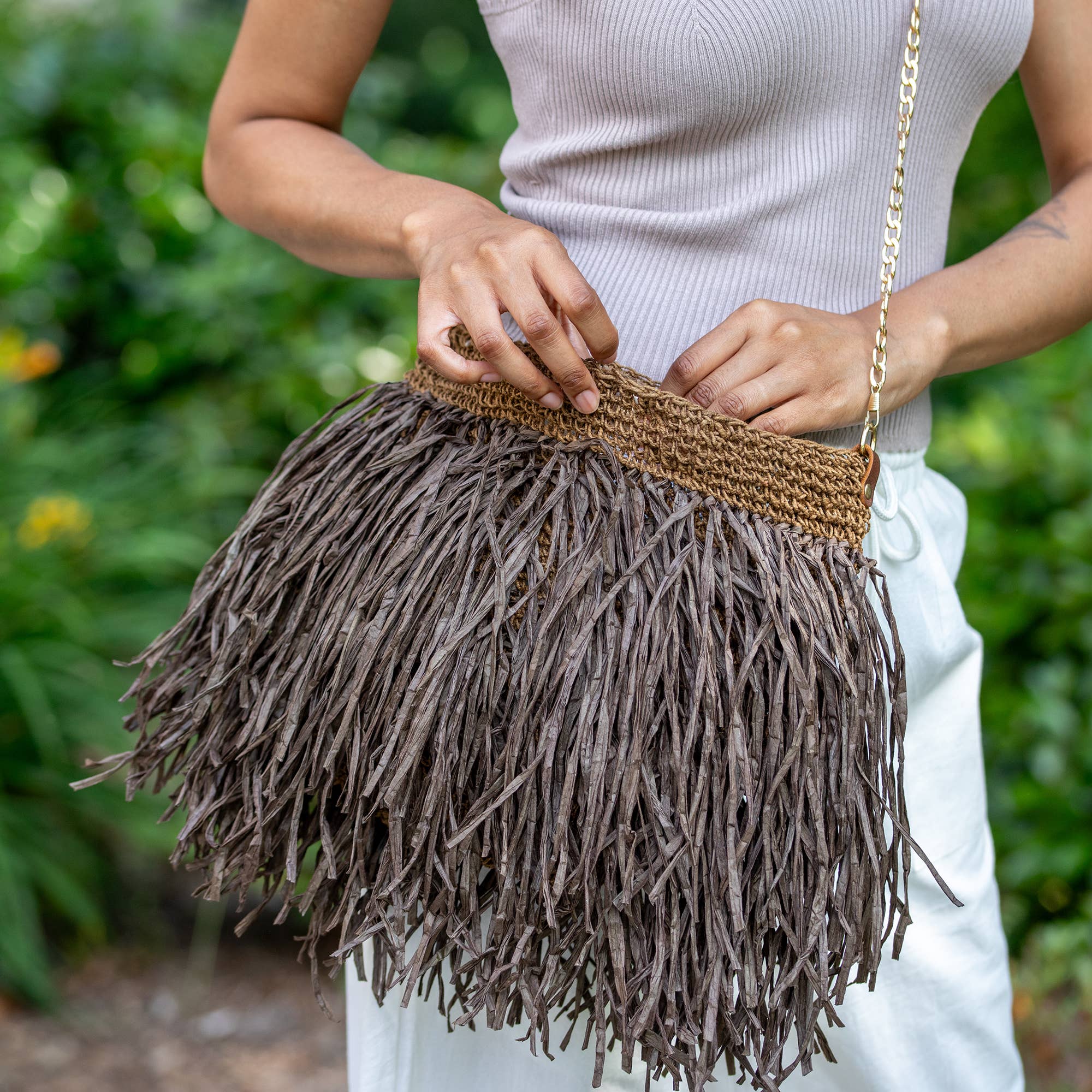 Luau Cross Body Bag - Brown Raffia Fringe Bag