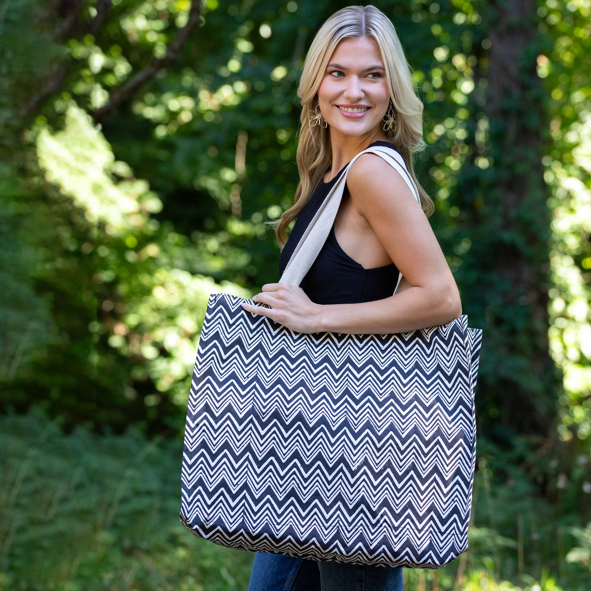 Canvas Bag with Block-Printed Black and White Zigzag Pattern