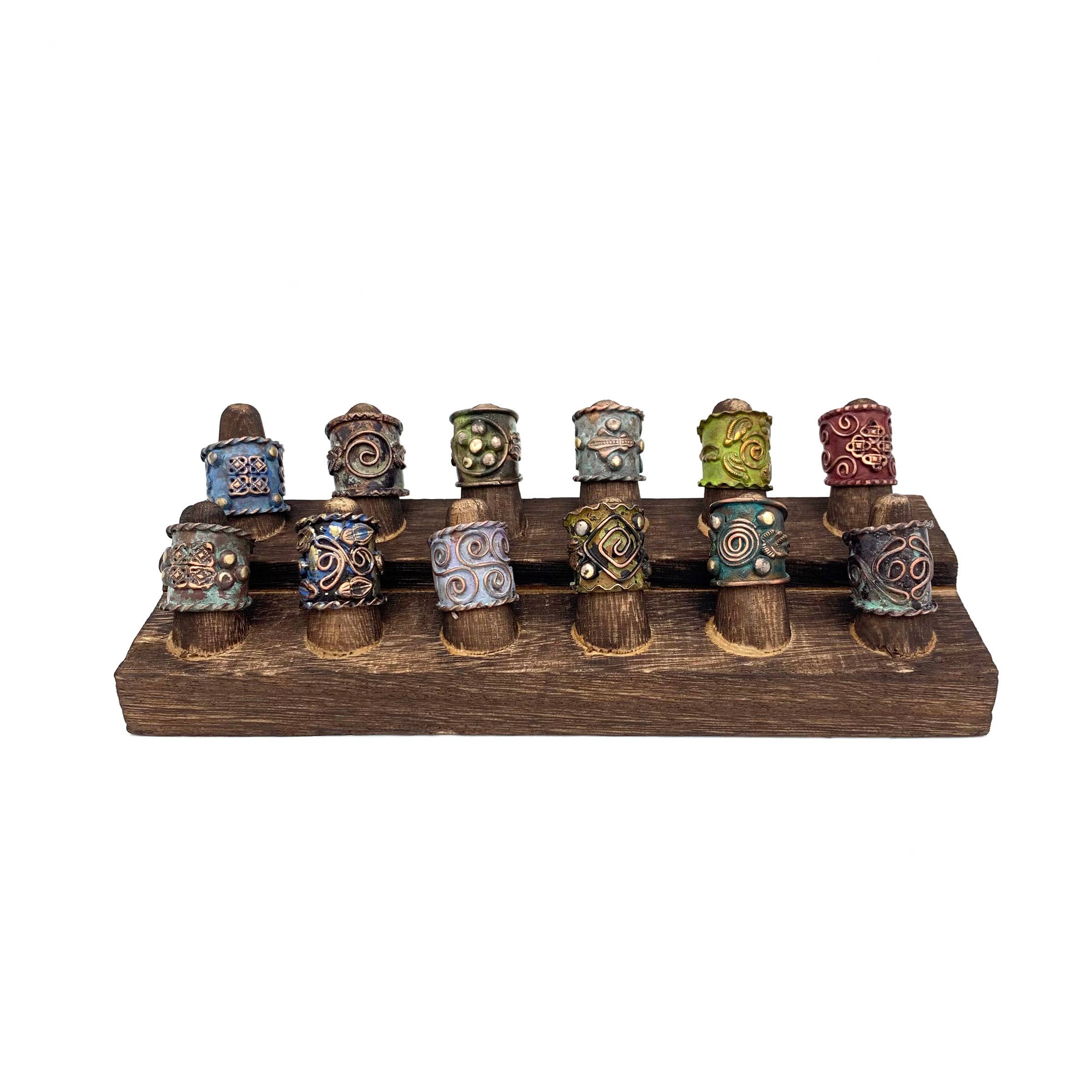 Vintage Copper Patina Rings - 12 Rings and Wooden Display