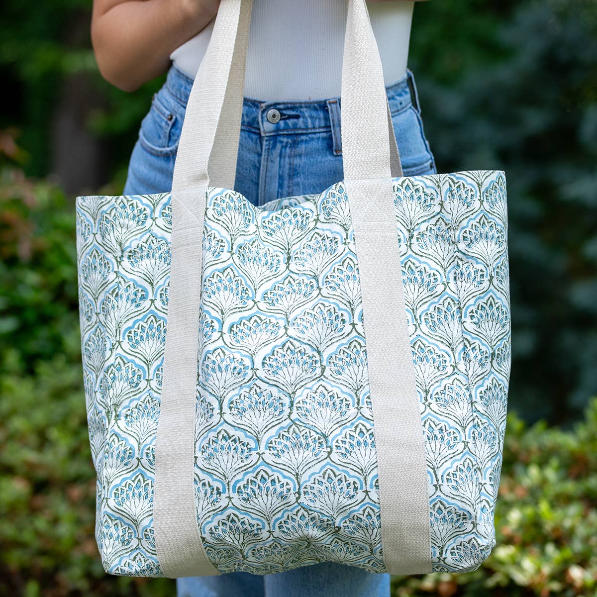Handcrafted Canvas Bag with Block-Printed Floral Peacock