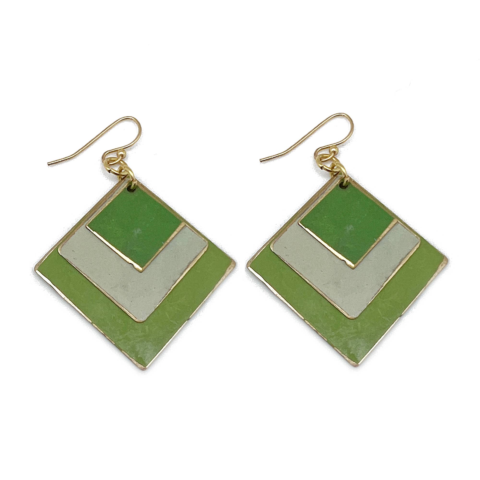 Brass Patina Earrings -  Green Meadow Layered Diamonds