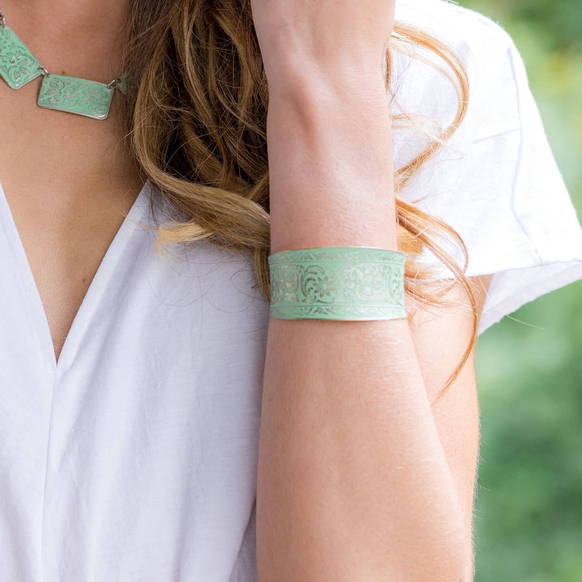 Silver Patina Bracelet - Mint Flowers and Leaves