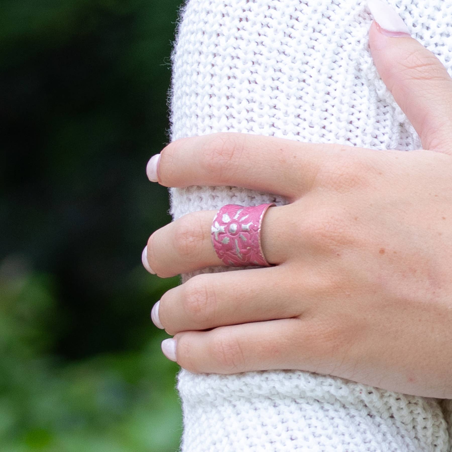 Silver Patina Ring - Pink Linear Shapes
