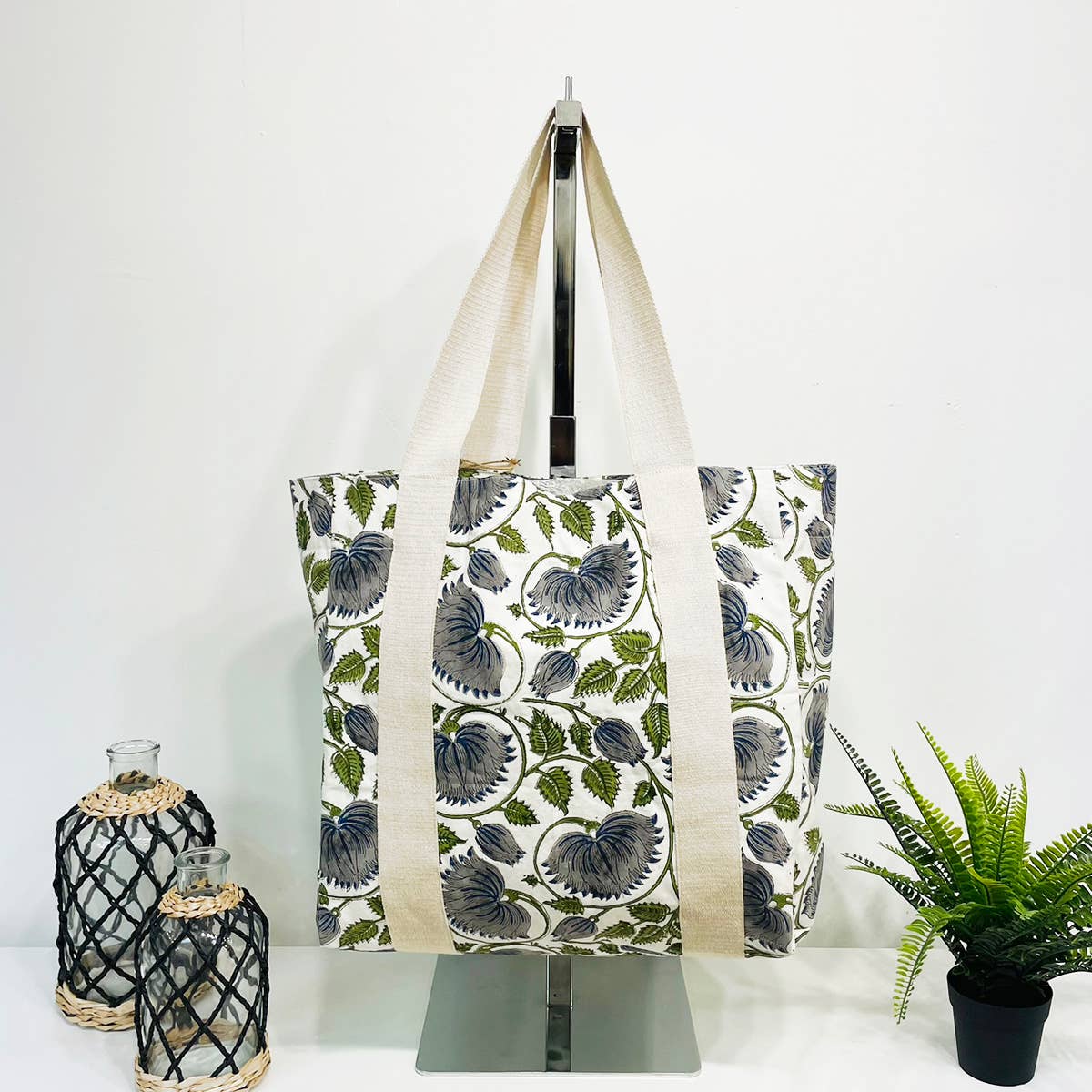 Handcrafted Canvas Bag with Block-Printed Blue Mist