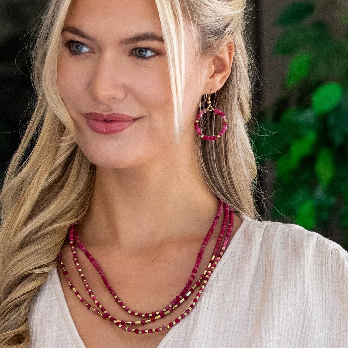 Aasha Blush Small Bead Hoop Kantha Handcrafted Earrings