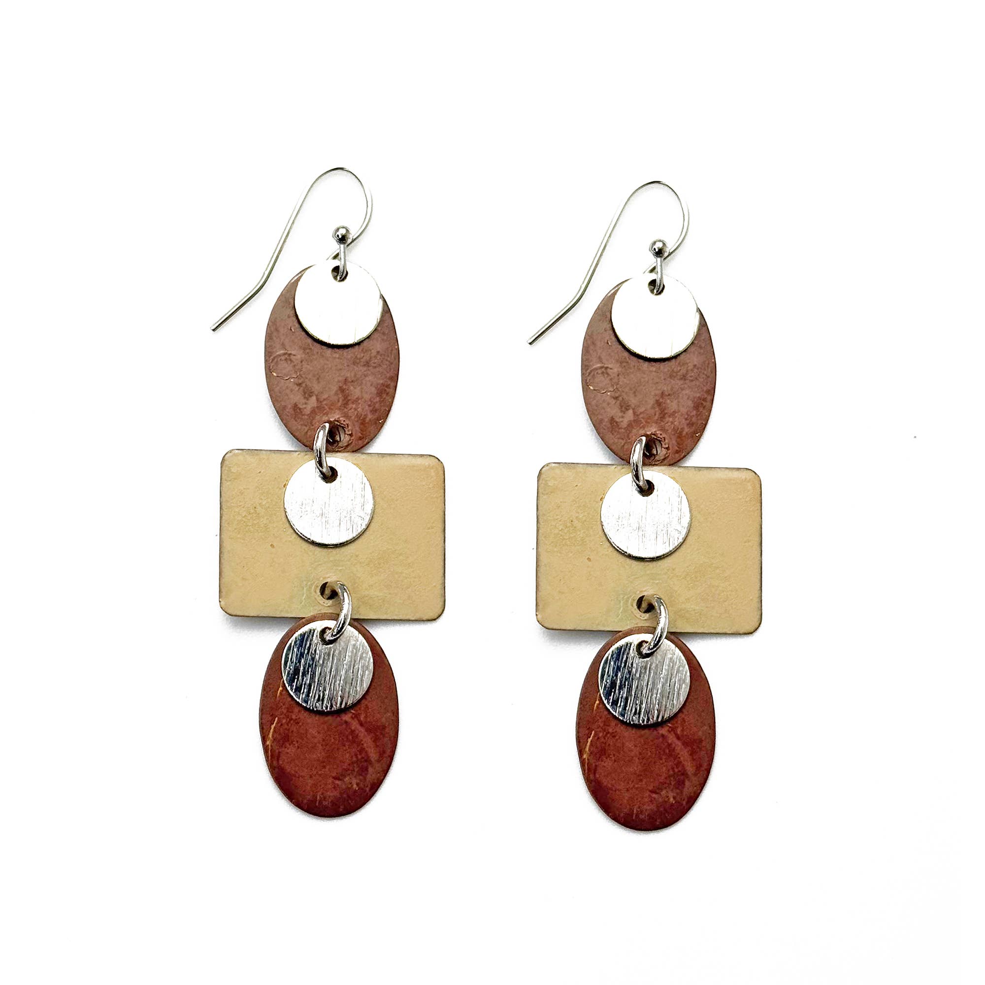 Handcrafted Earth Tone Patina Stacked Geometric Earrings
